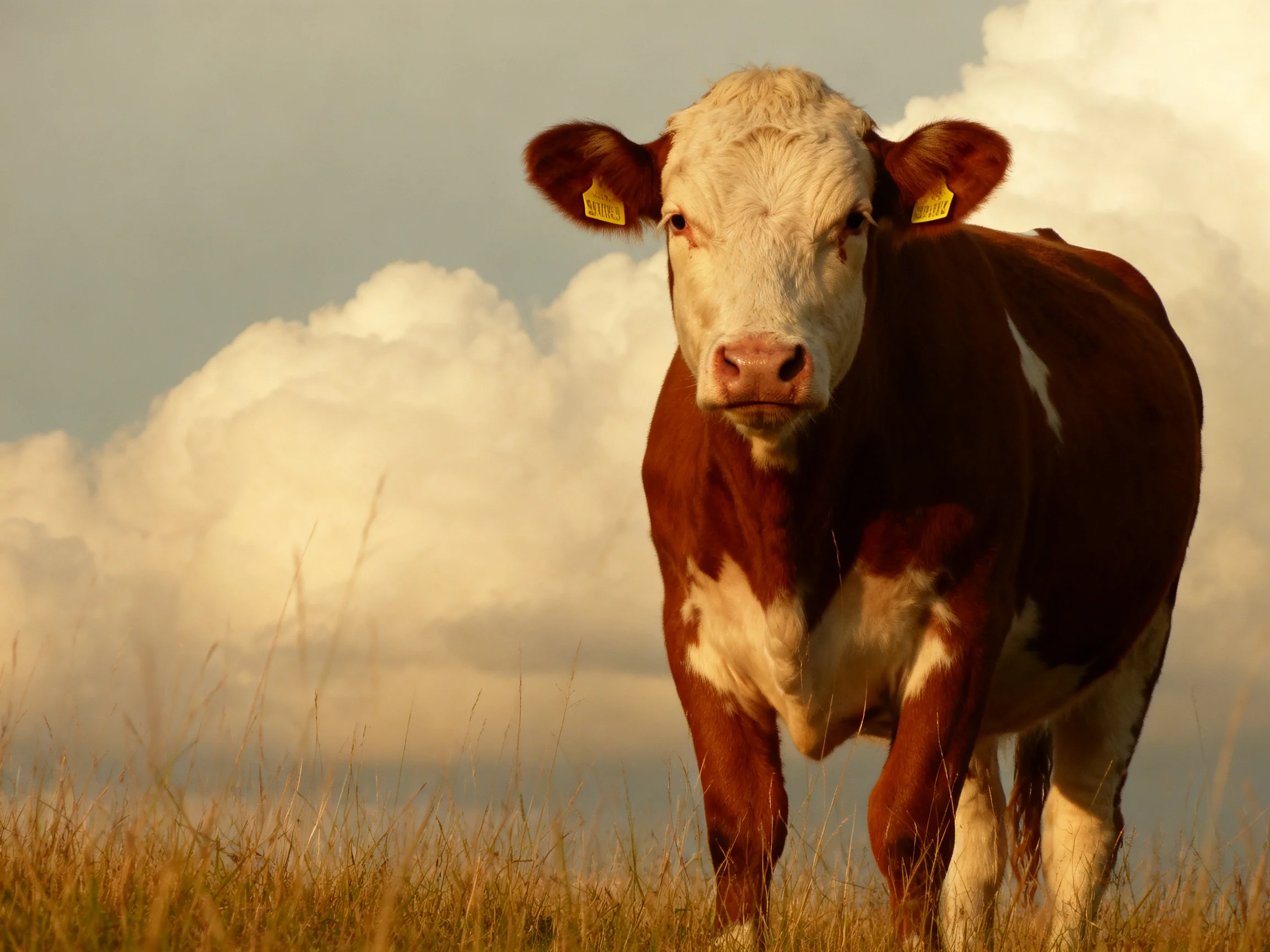 A brown and white cow in a golden grassy field under cloudy skies