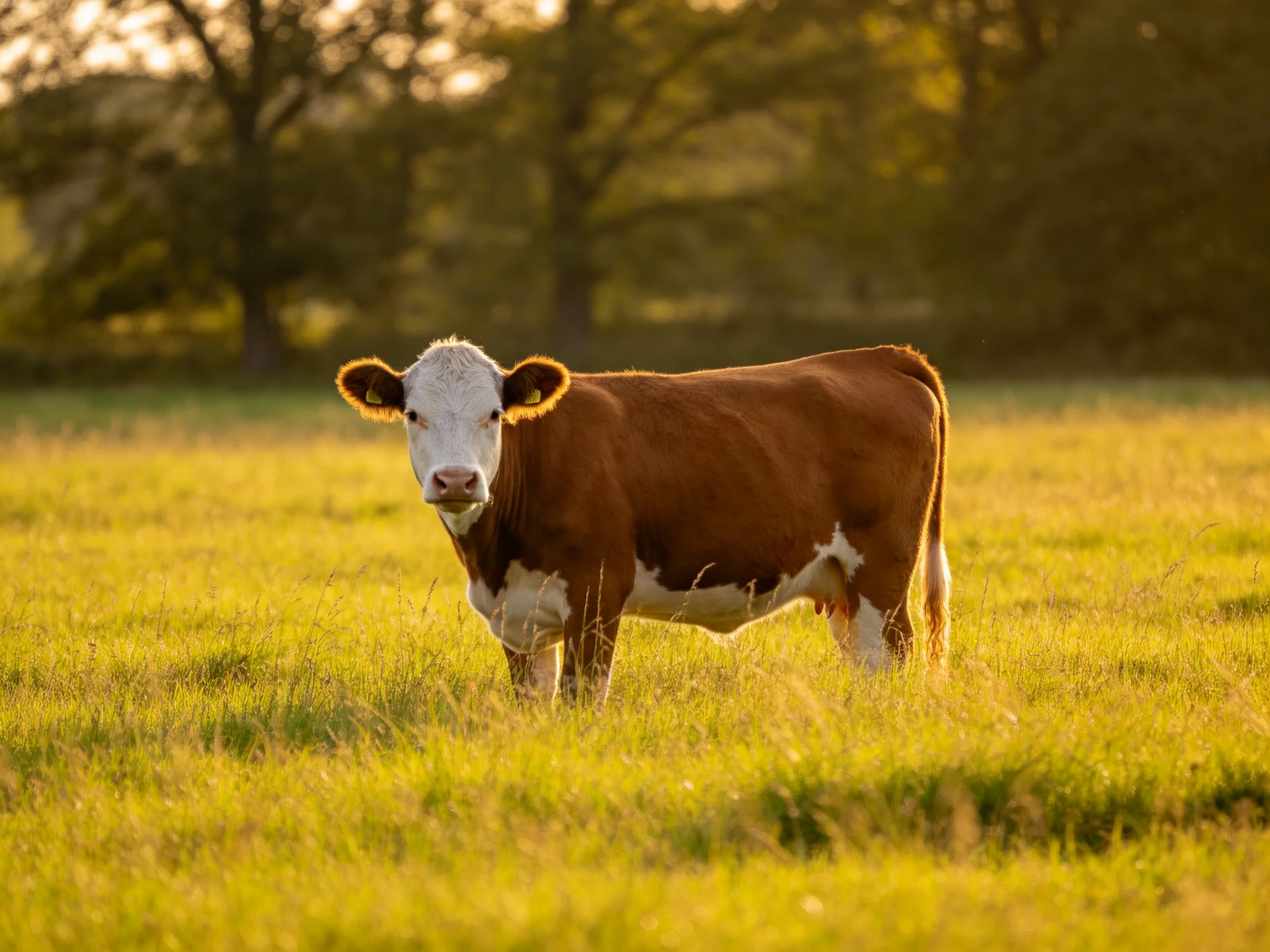 A brown and white cow in a golden grassy field with distant trees