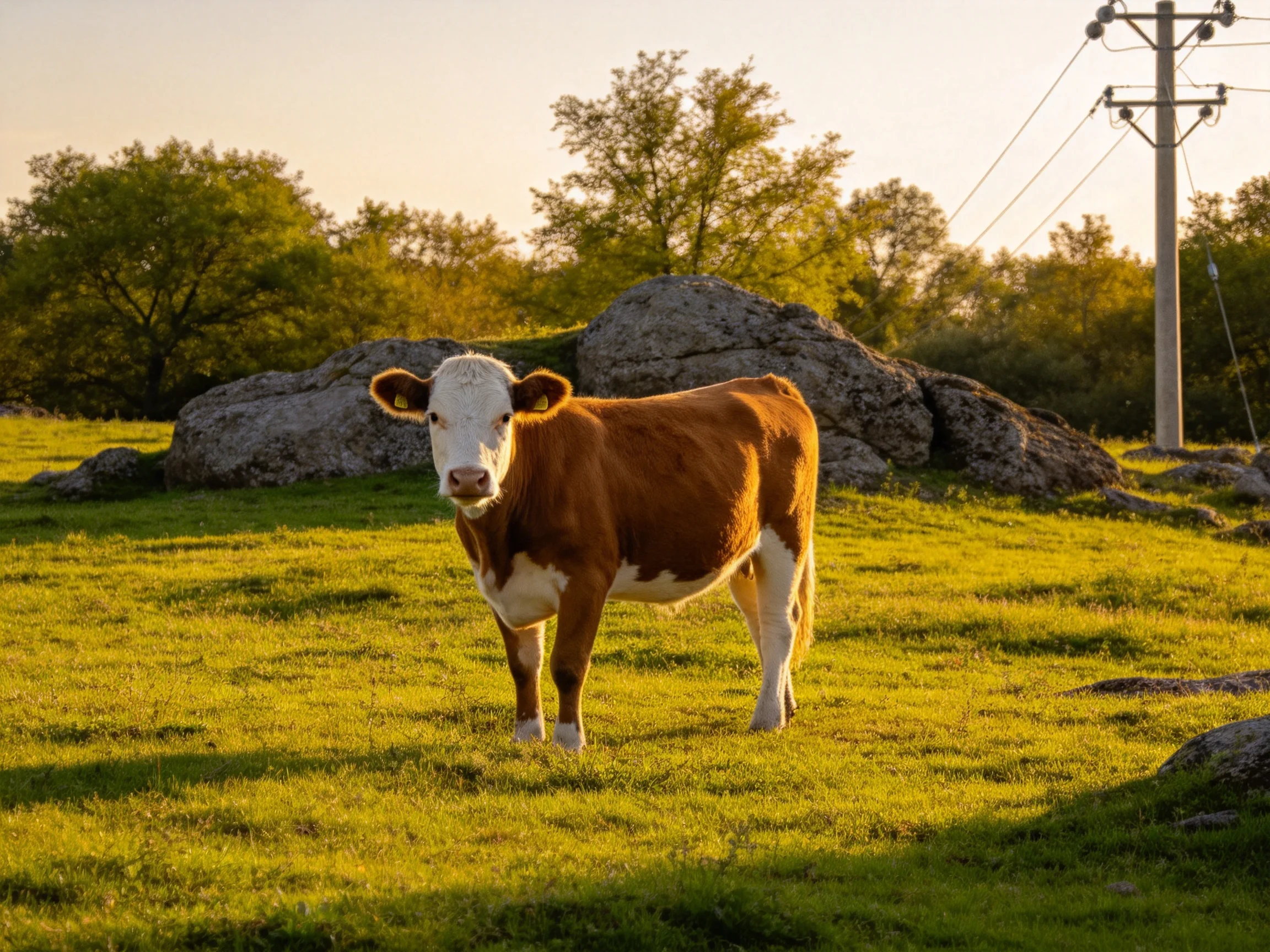 A brown and white cow in a golden grassy field with large rocks
