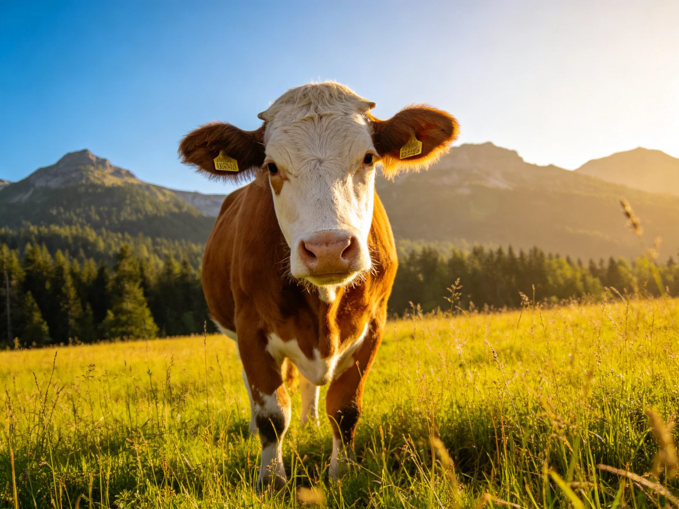 A brown and white cow in a golden meadow near mountains