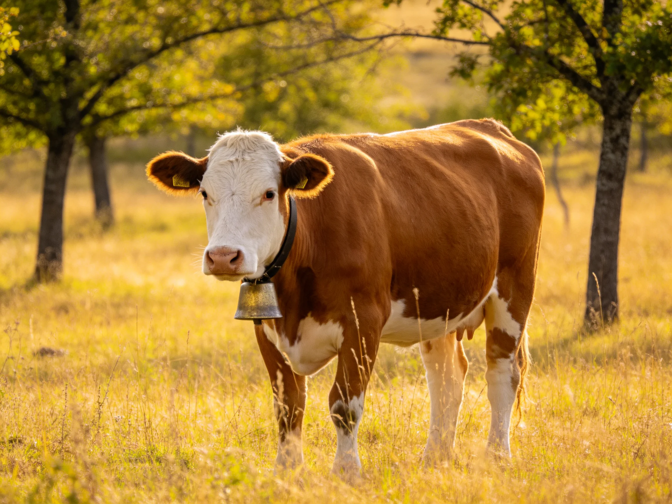 A brown and white cow in a golden meadow near trees