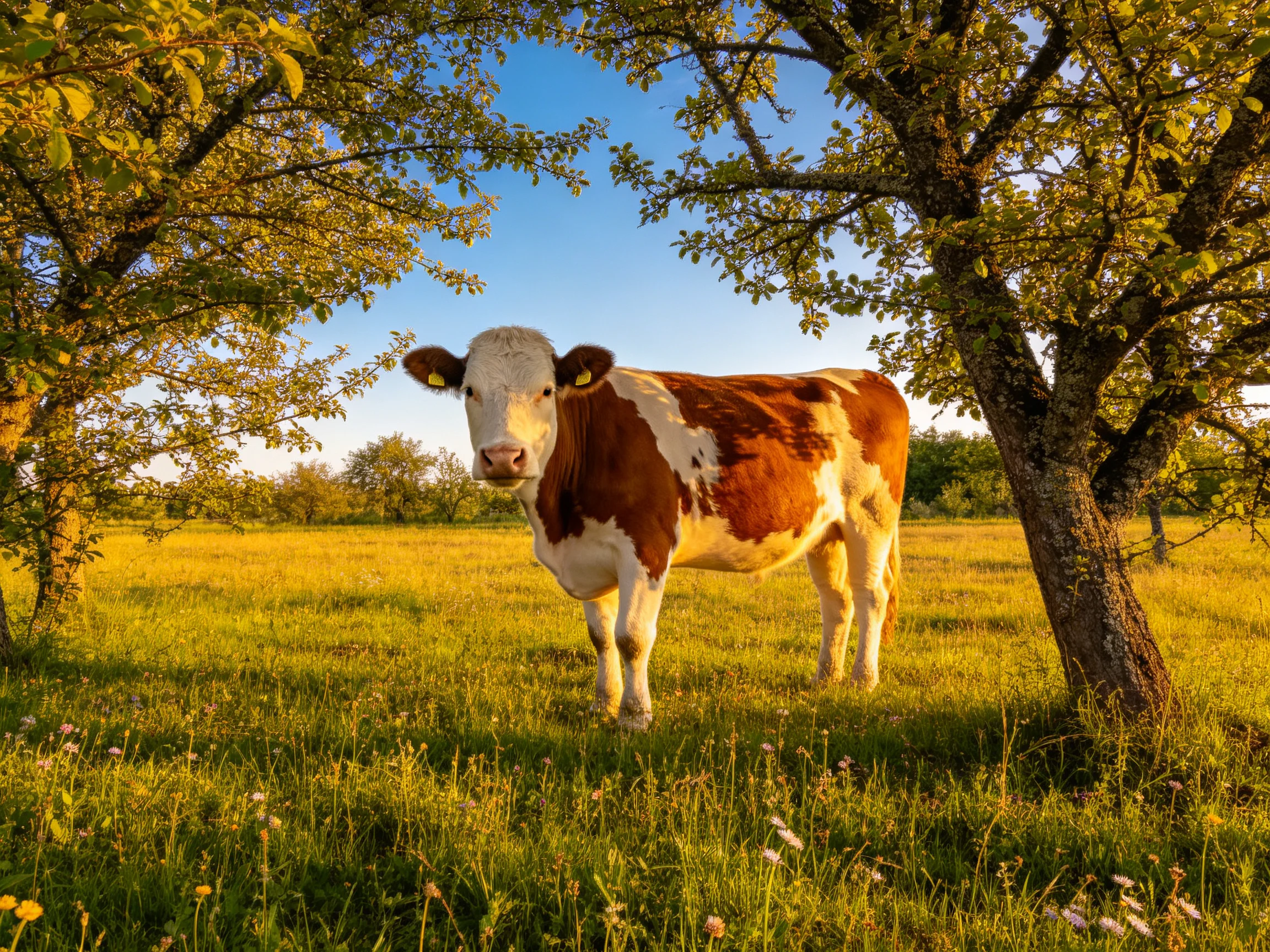 A brown-and-white cow in a golden meadow with leafy trees