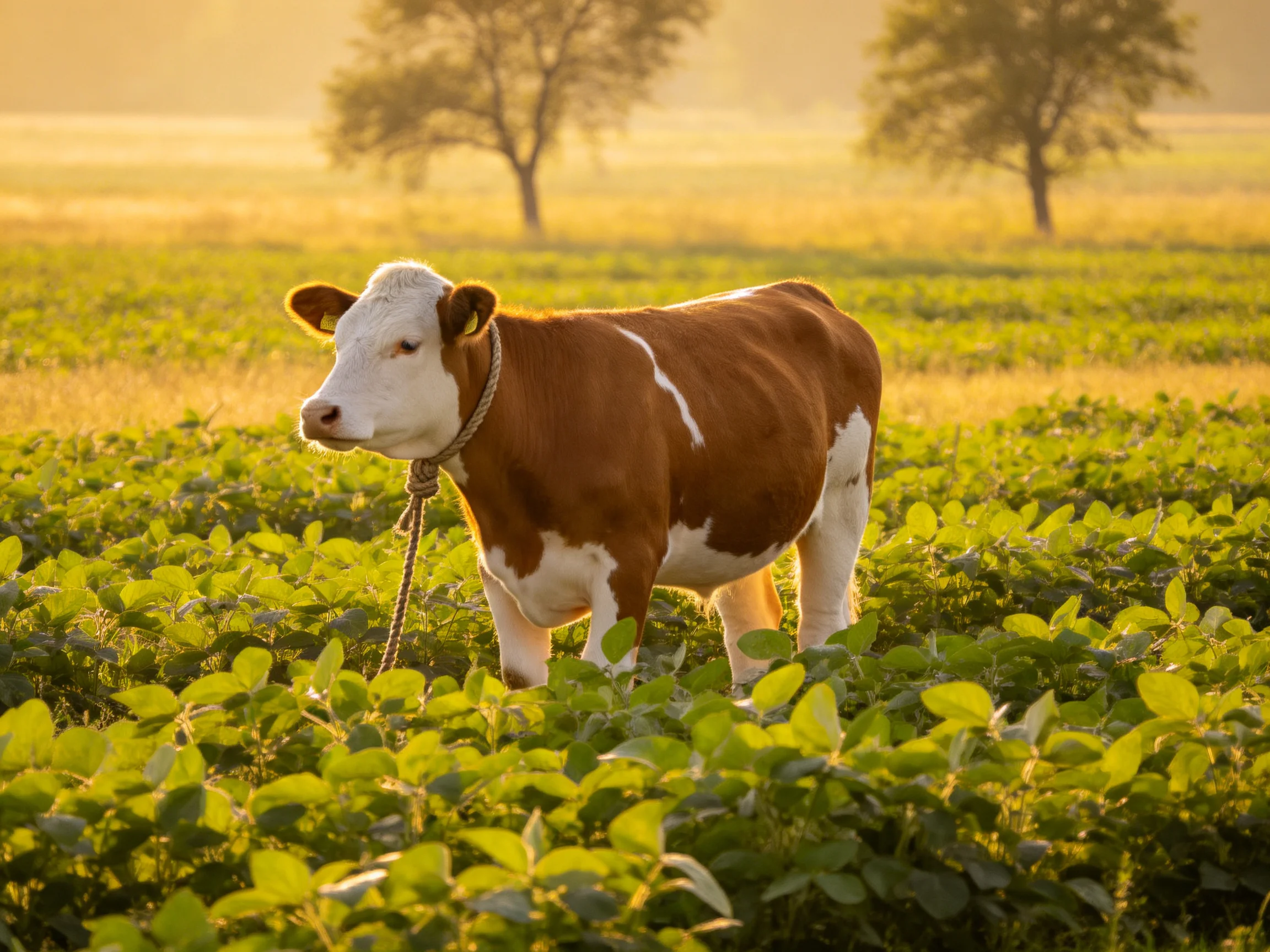 A brown and white cow in a green field bathed in golden sunlight