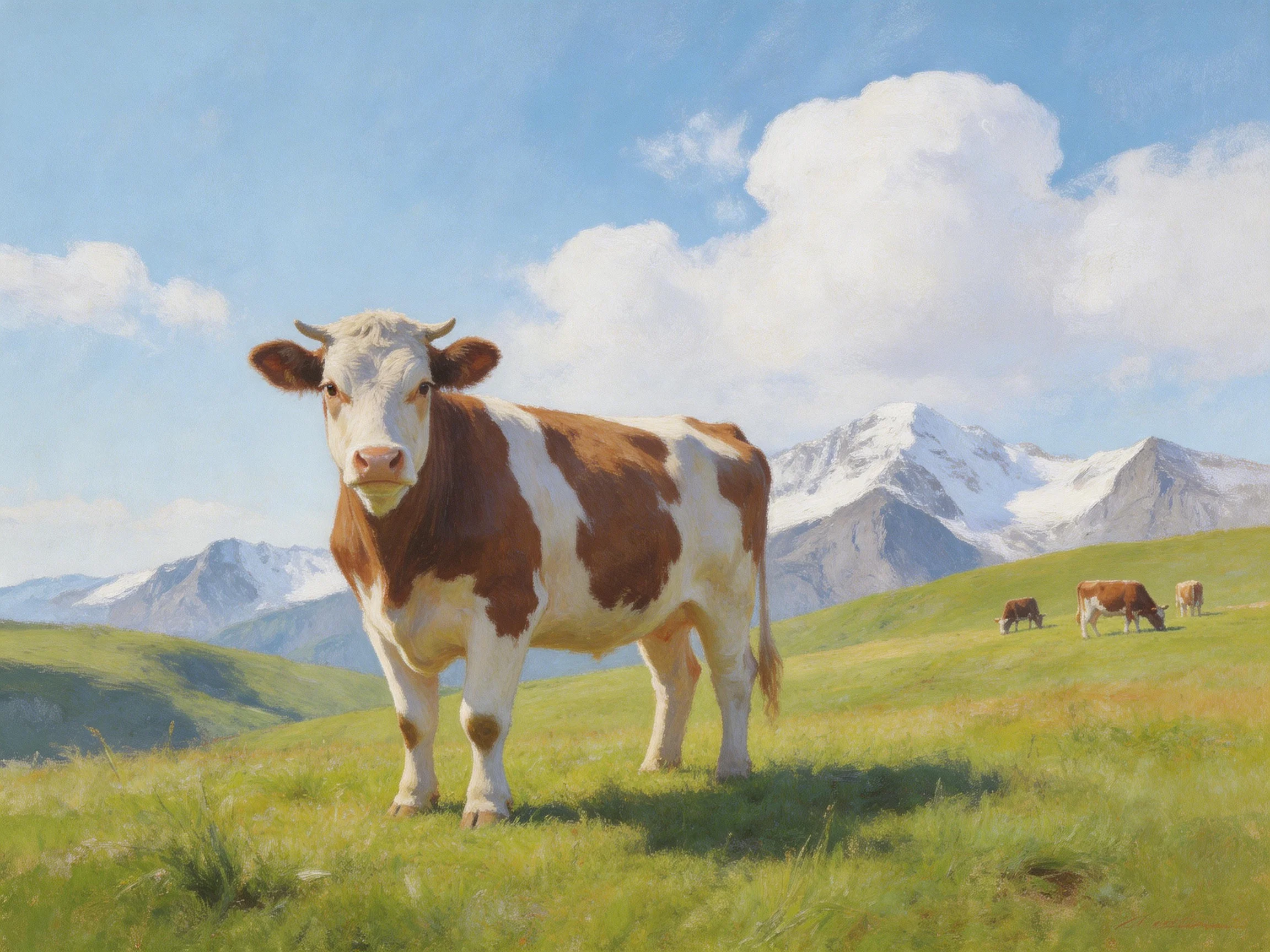 A brown-and-white cow in a green meadow near snow-capped mountains