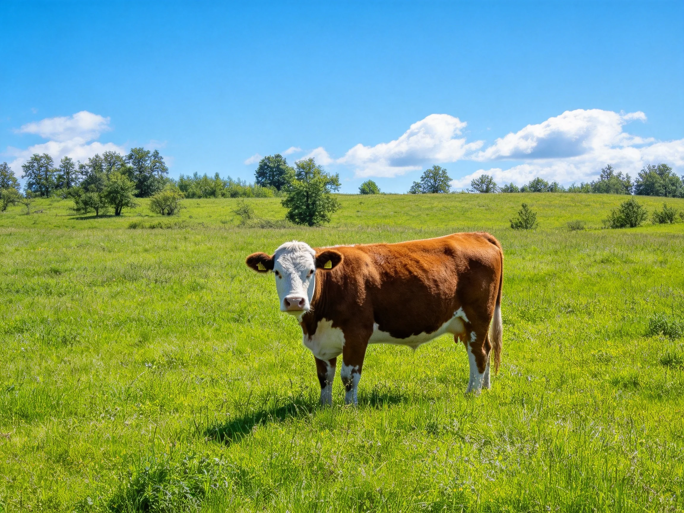 A brown and white cow stands in a sunlit green meadow with distant trees.