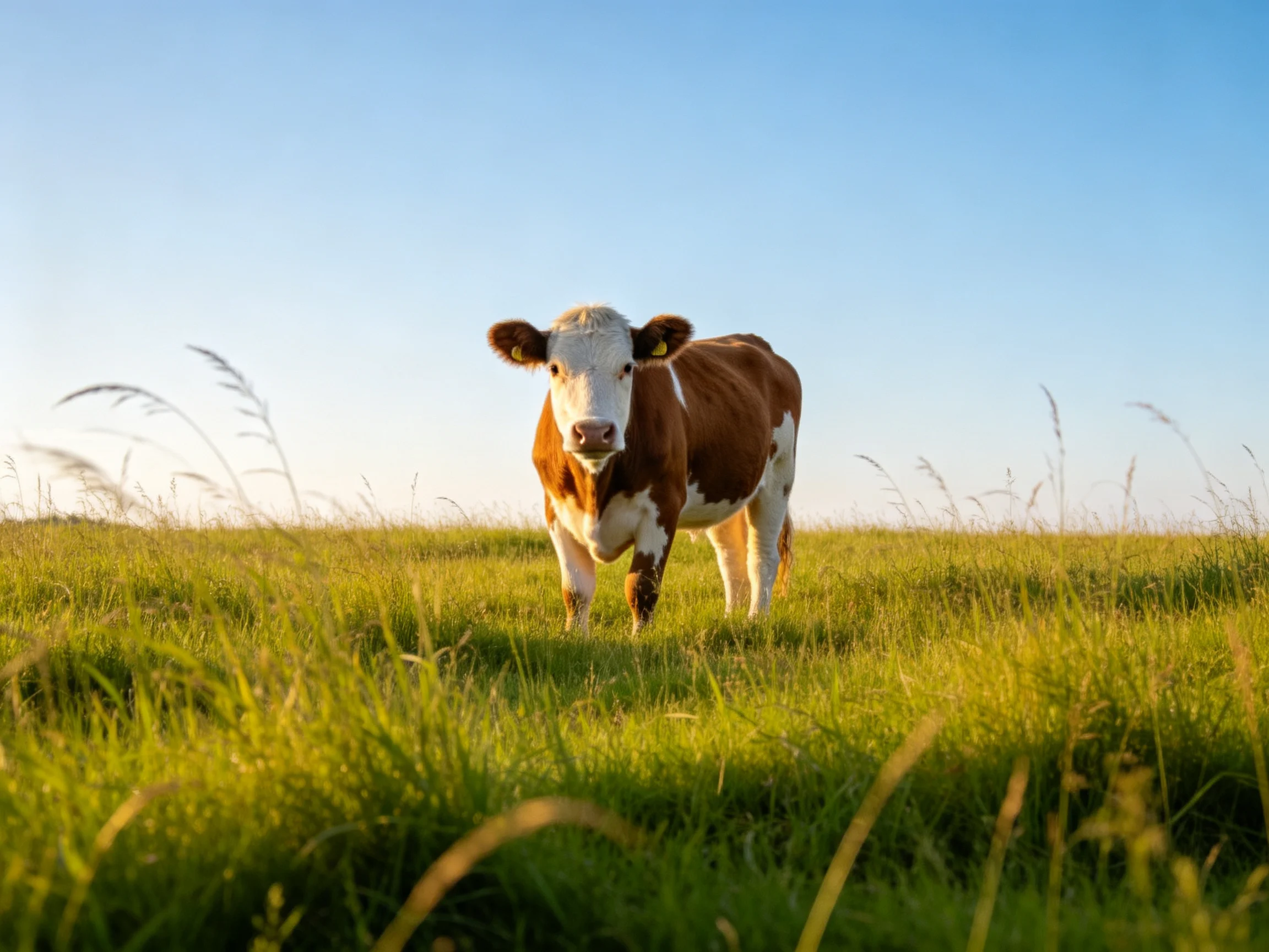 A brown and white cow stands in a sunlit meadow with tall green grass.