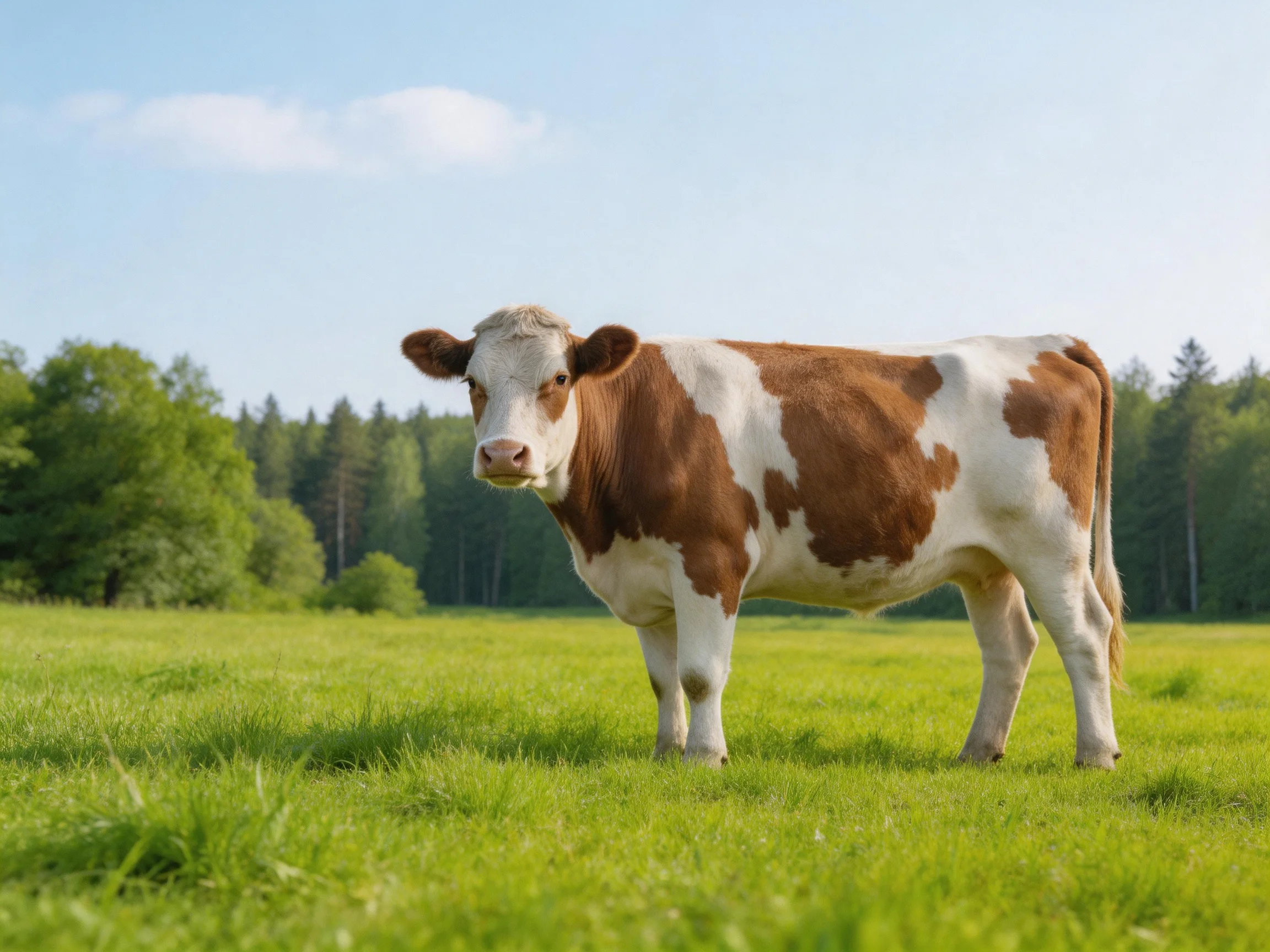A brown and white cow in a lush green meadow with distant trees