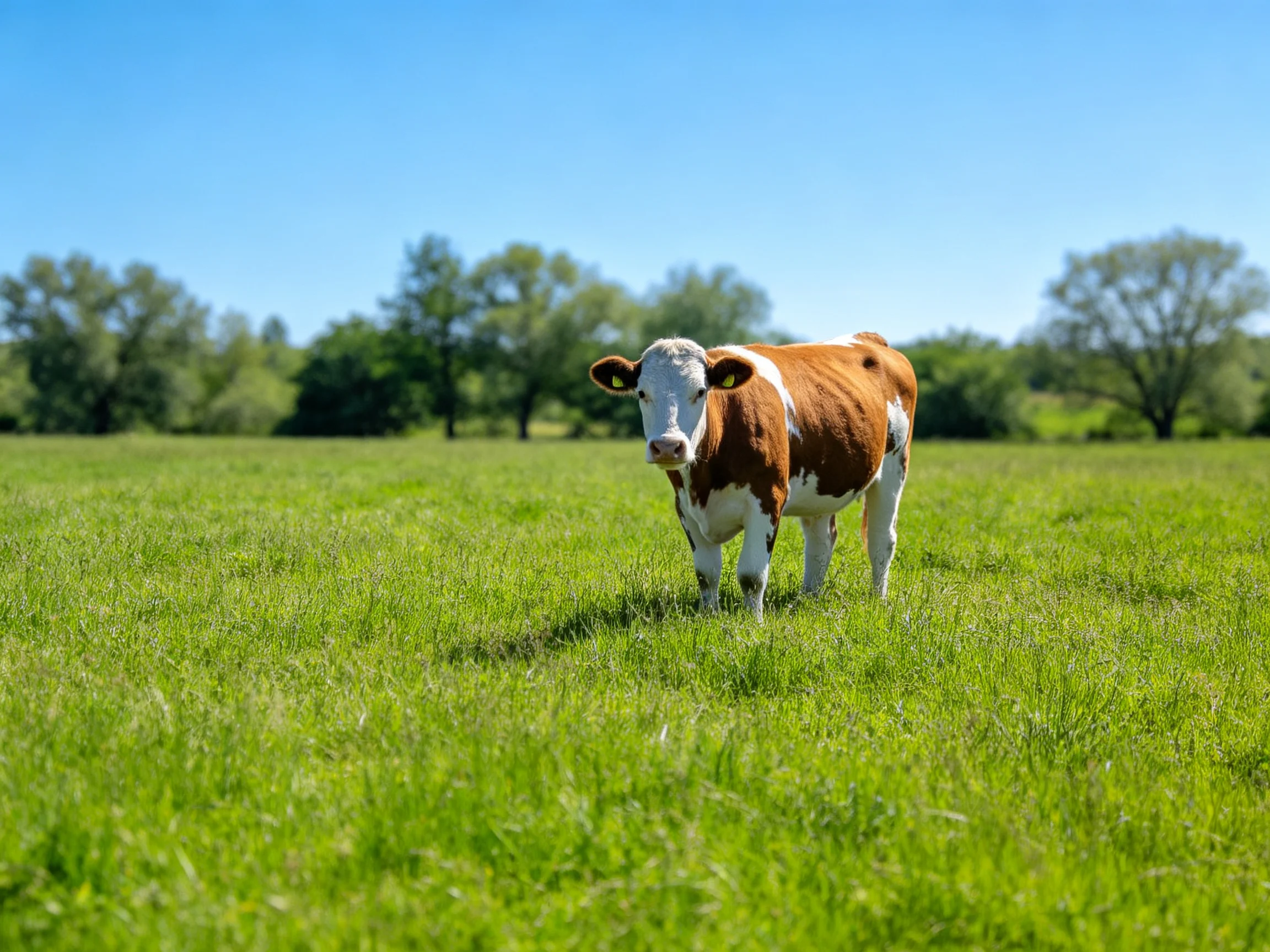 A brown and white cow stands in a green pasture with trees in the background.