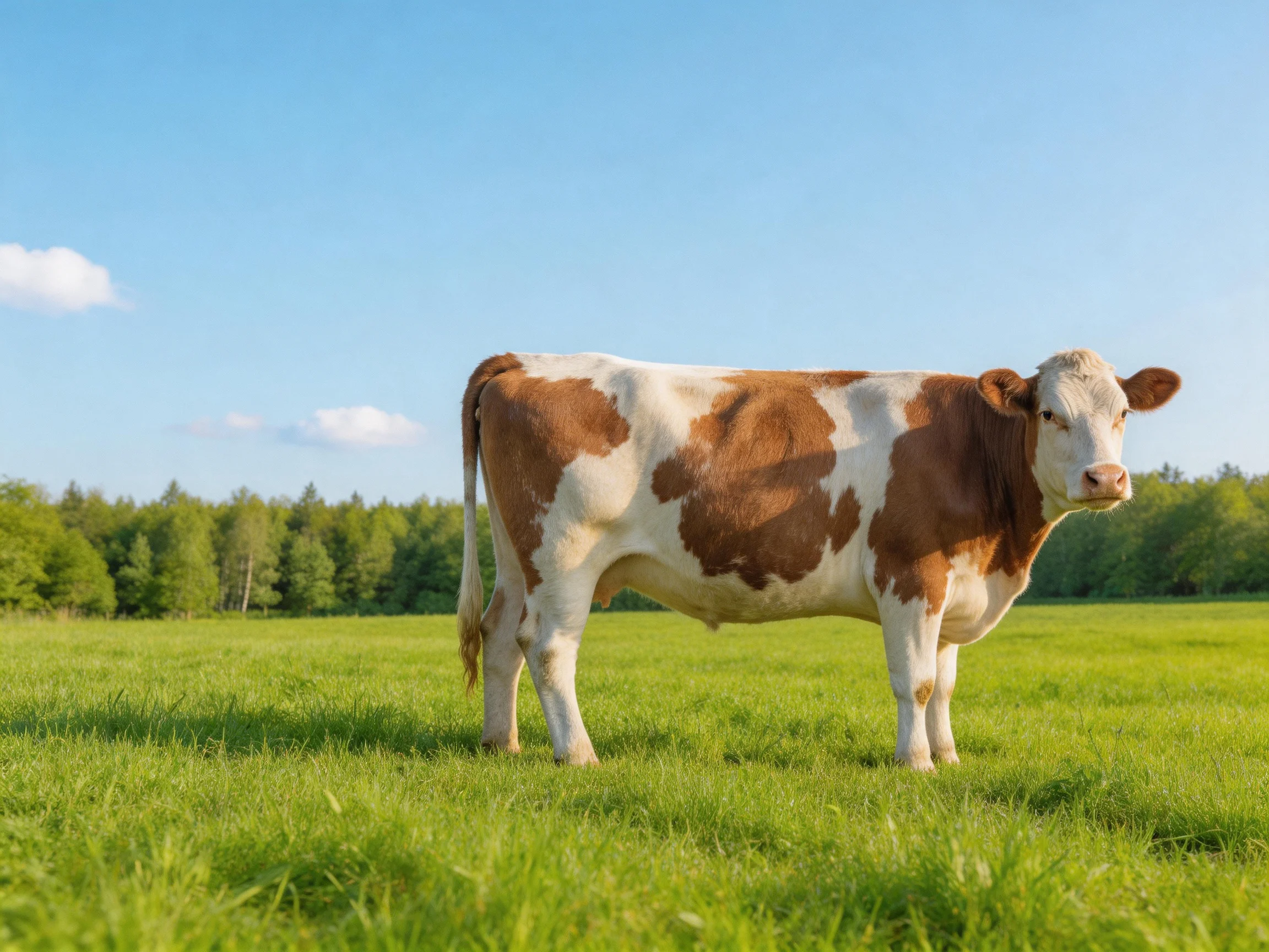 A brown and white cow in a lush green pasture with distant trees