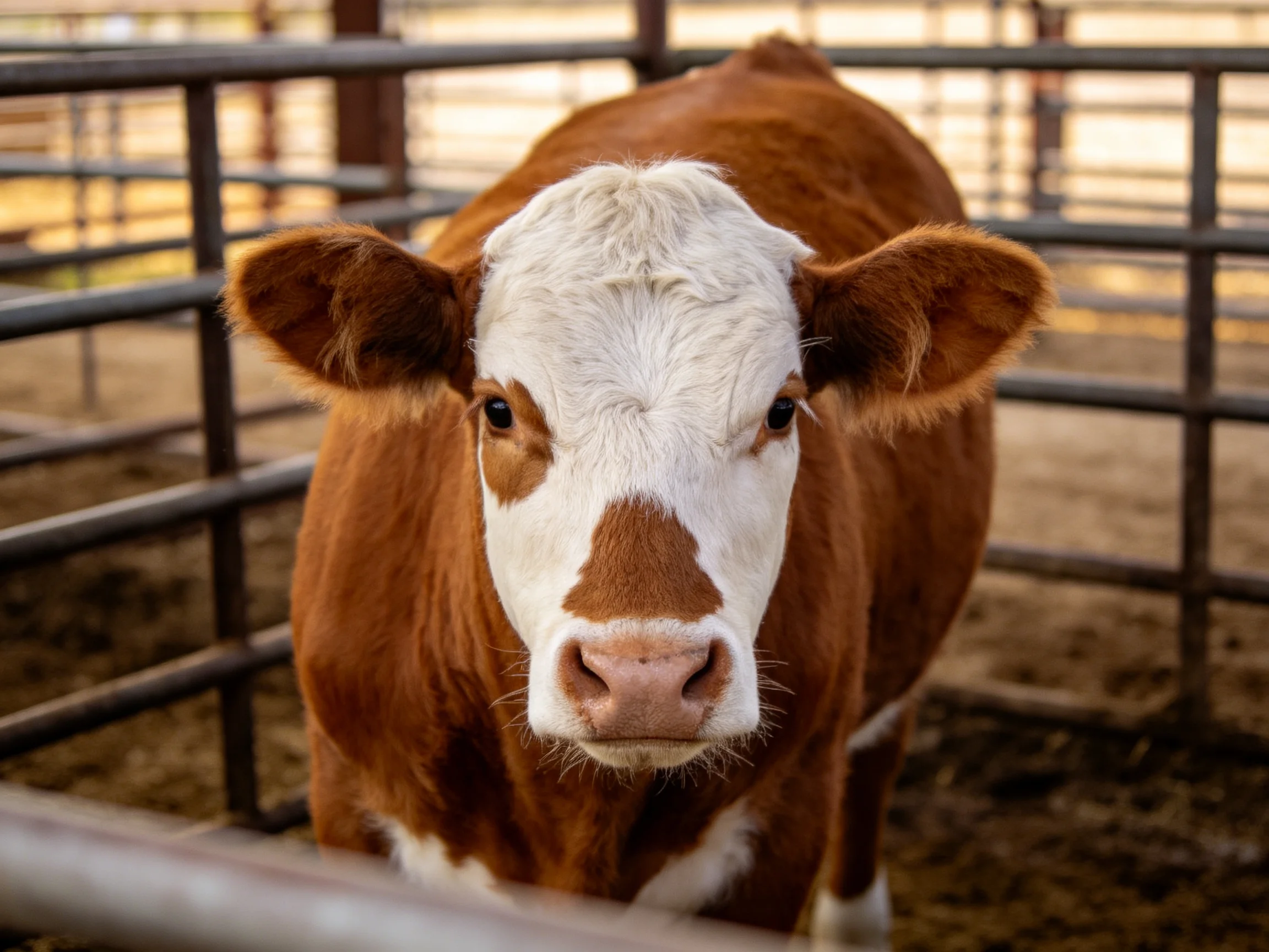 A brown and white cow in a metal fenced enclosure