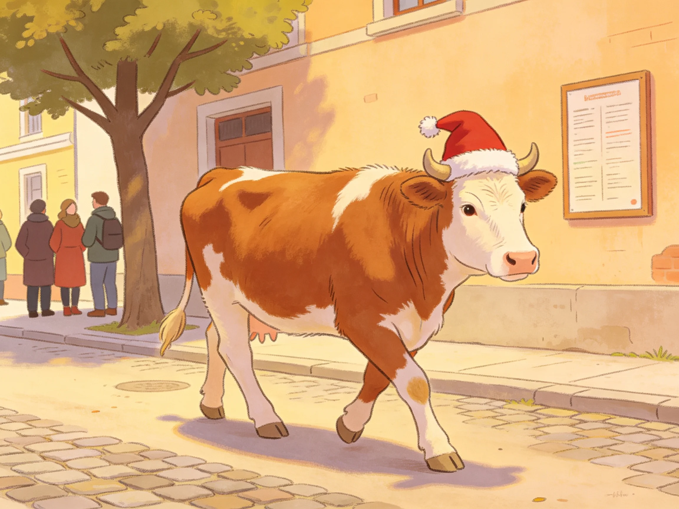 A brown and white cow in a red Santa hat walks down a cobblestone street