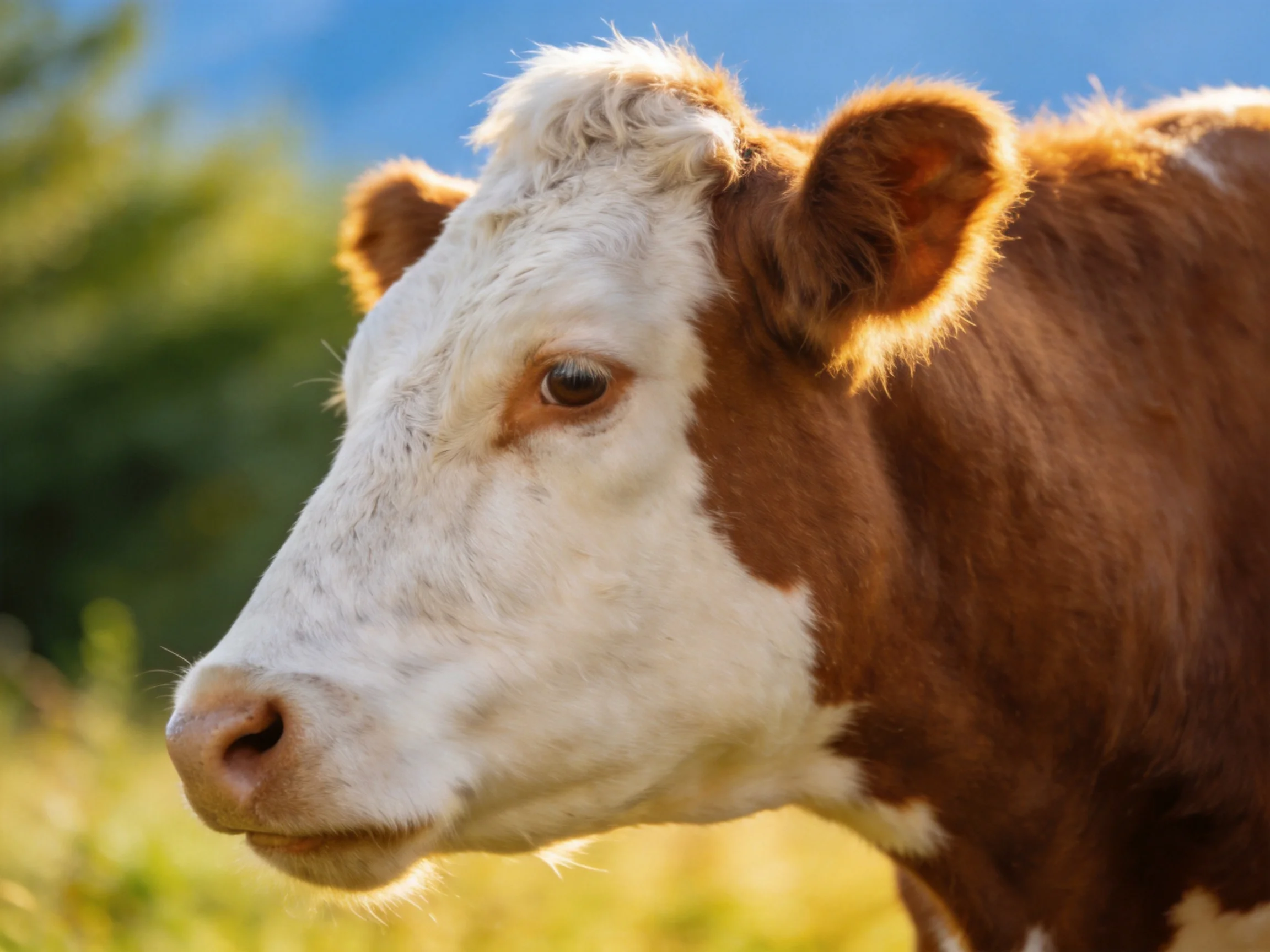 A brown and white cow in a sun-drenched countryside field