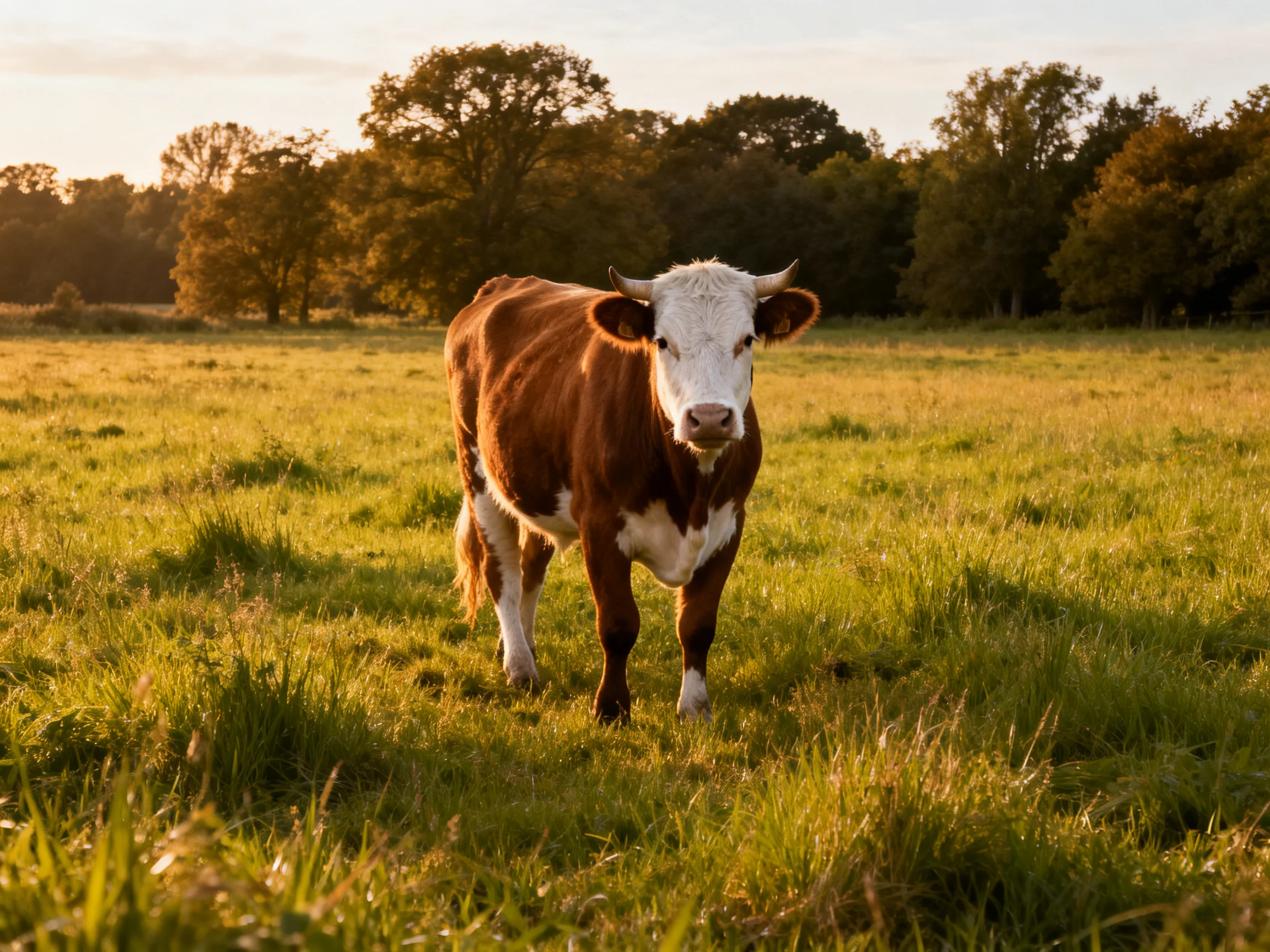 A brown and white cow in a sun-drenched grassy field with distant trees