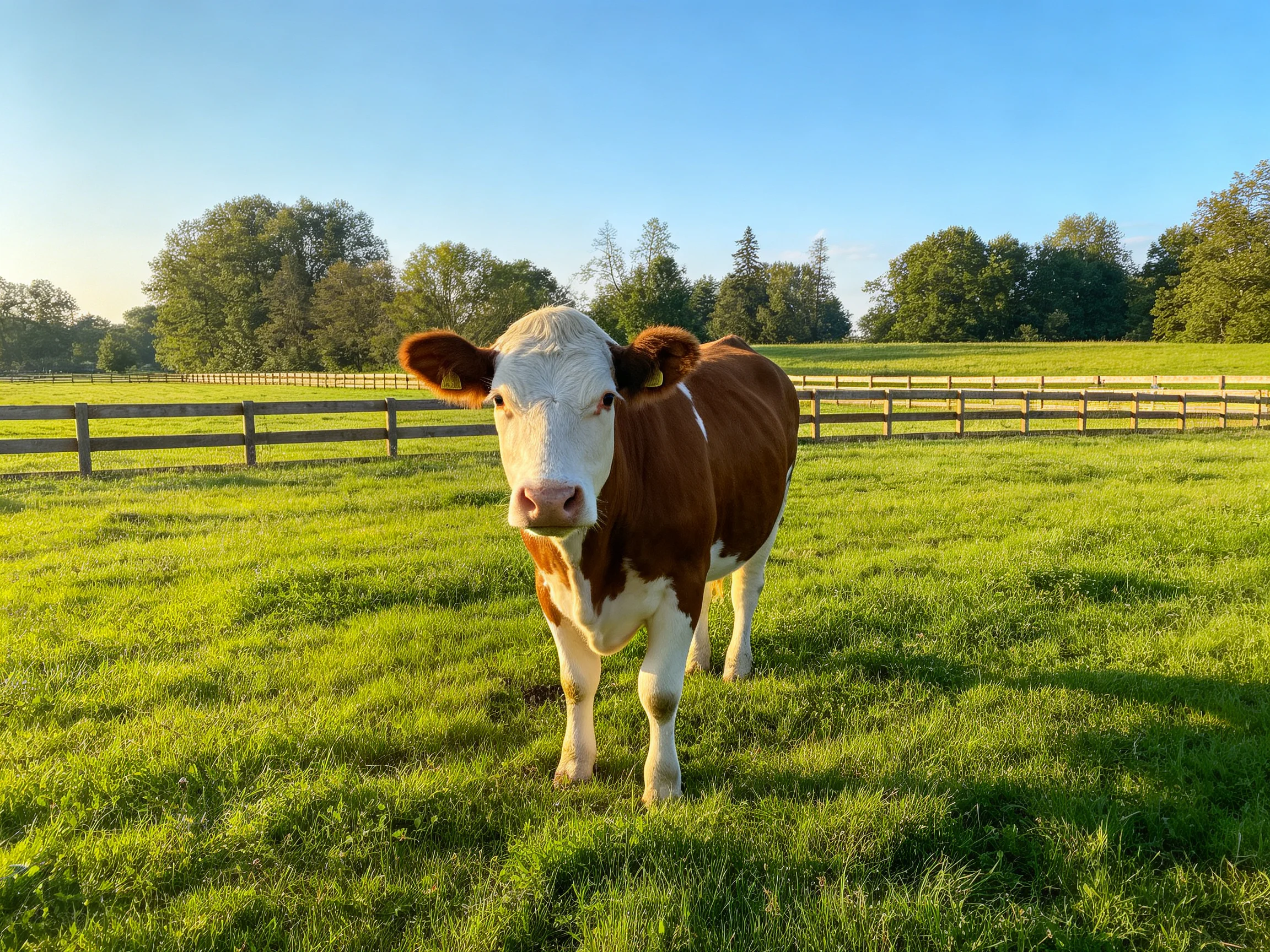 A brown and white cow in a sun-drenched green pasture with wooden fences