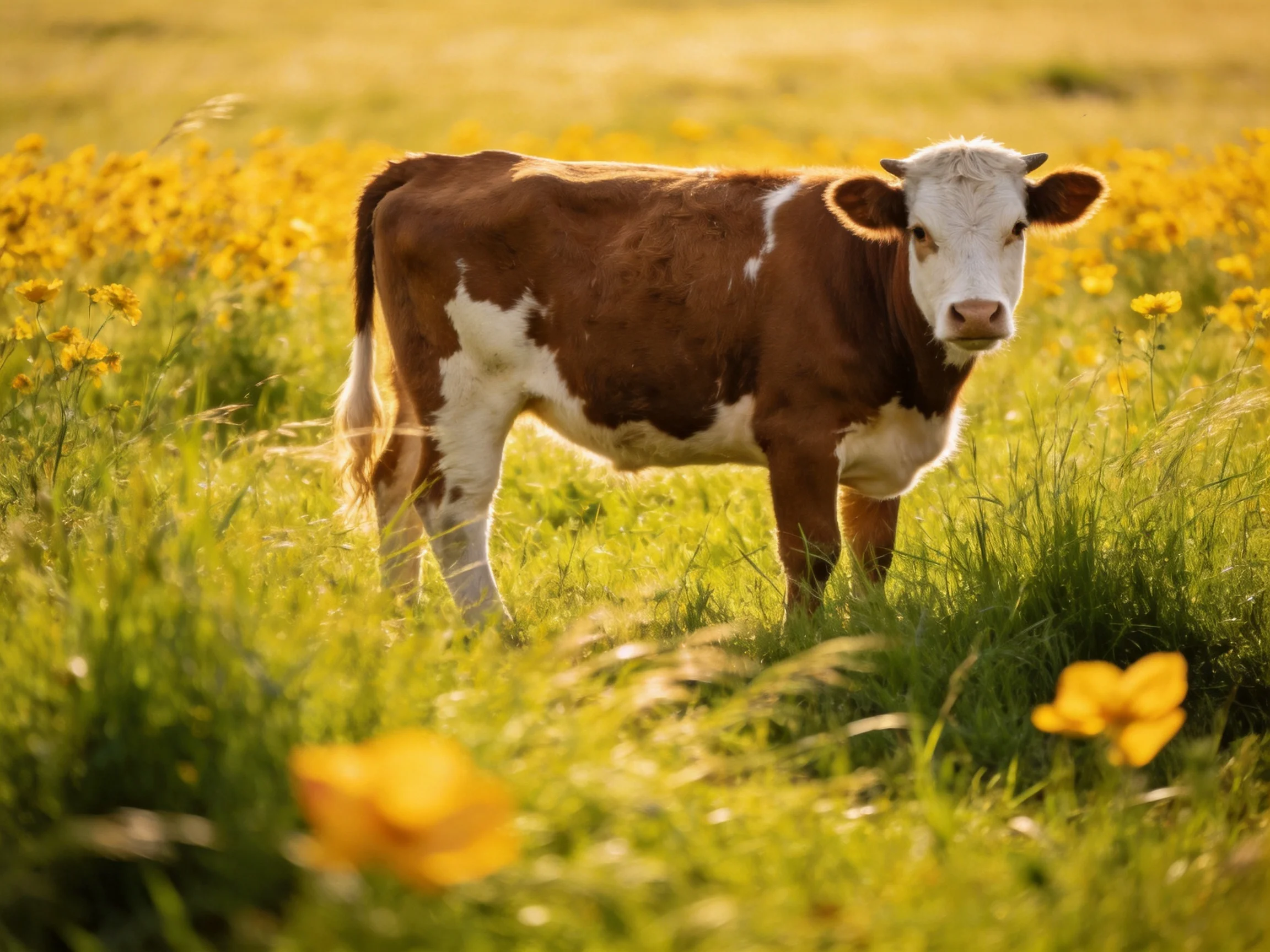 A brown and white cow in a sun-drenched meadow with yellow wildflowers