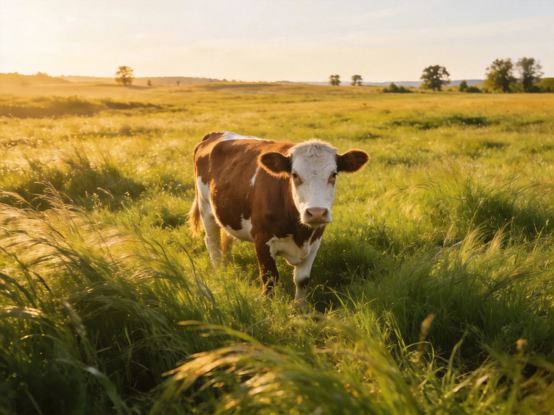 A brown and white cow in a sunlit expansive grassy field