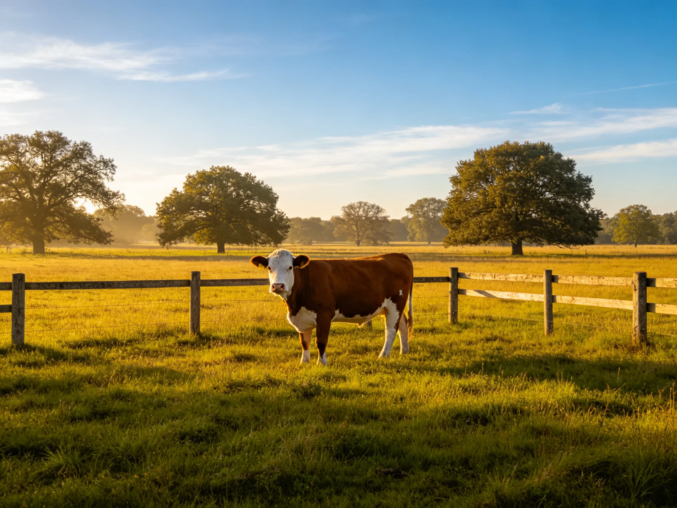 A brown-and-white cow in a sunlit golden field with tall oak trees