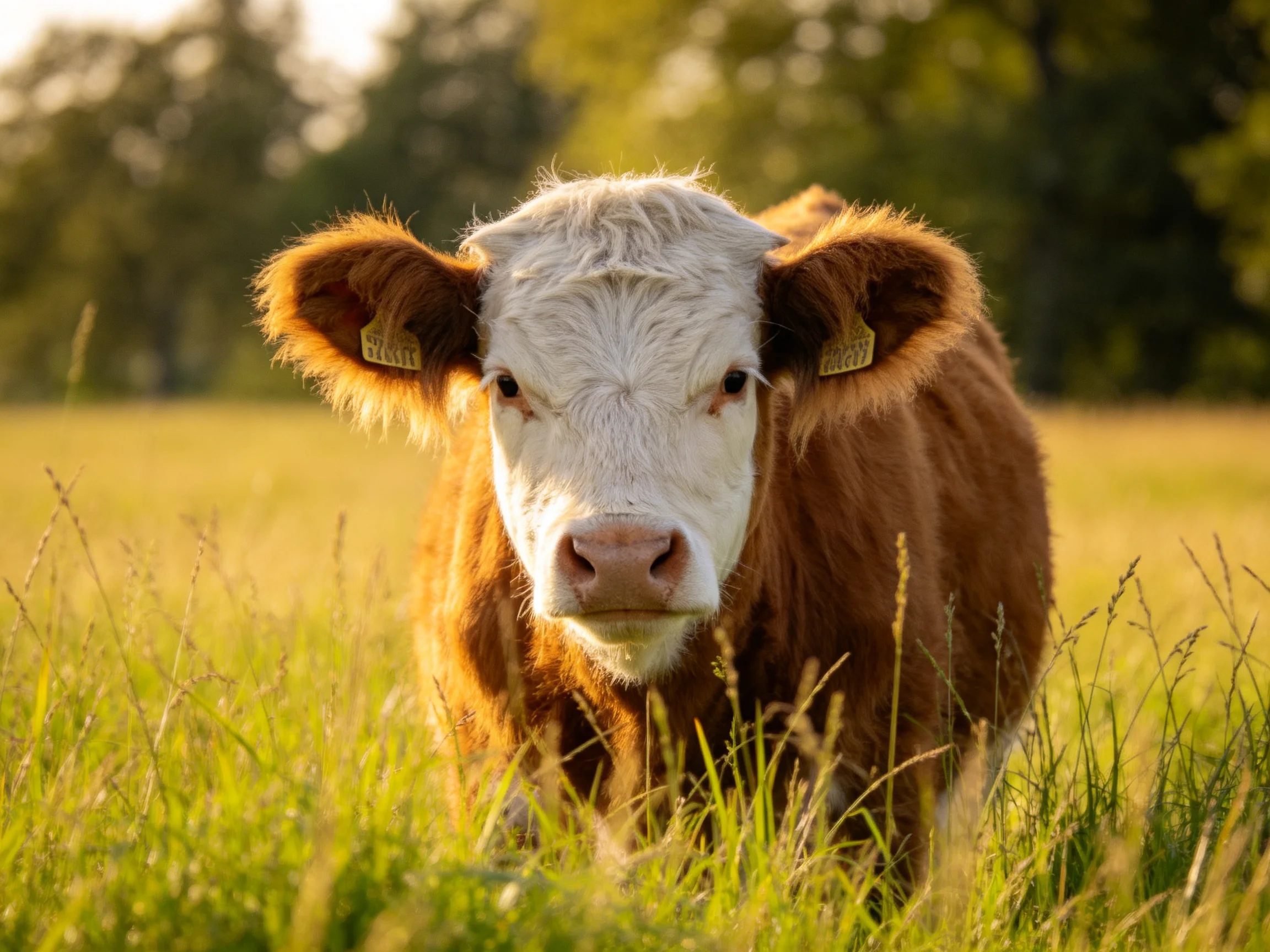 A brown and white cow in a sunlit grassy field