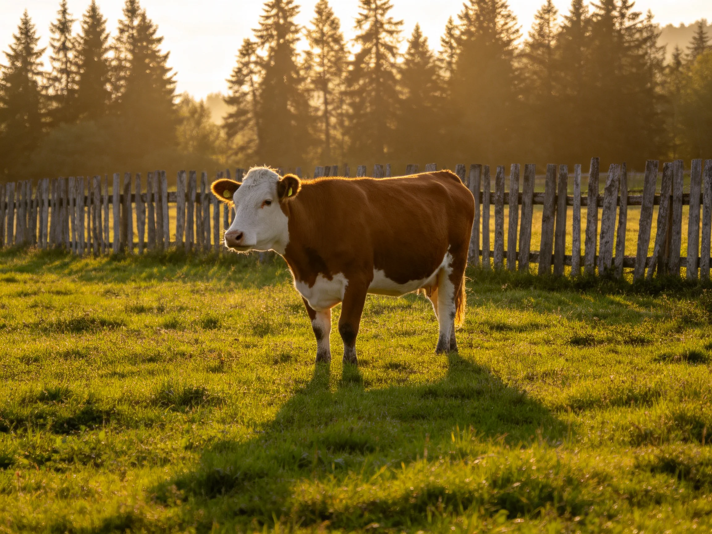 A brown and white cow in a sunlit grassy field near a wooden fence