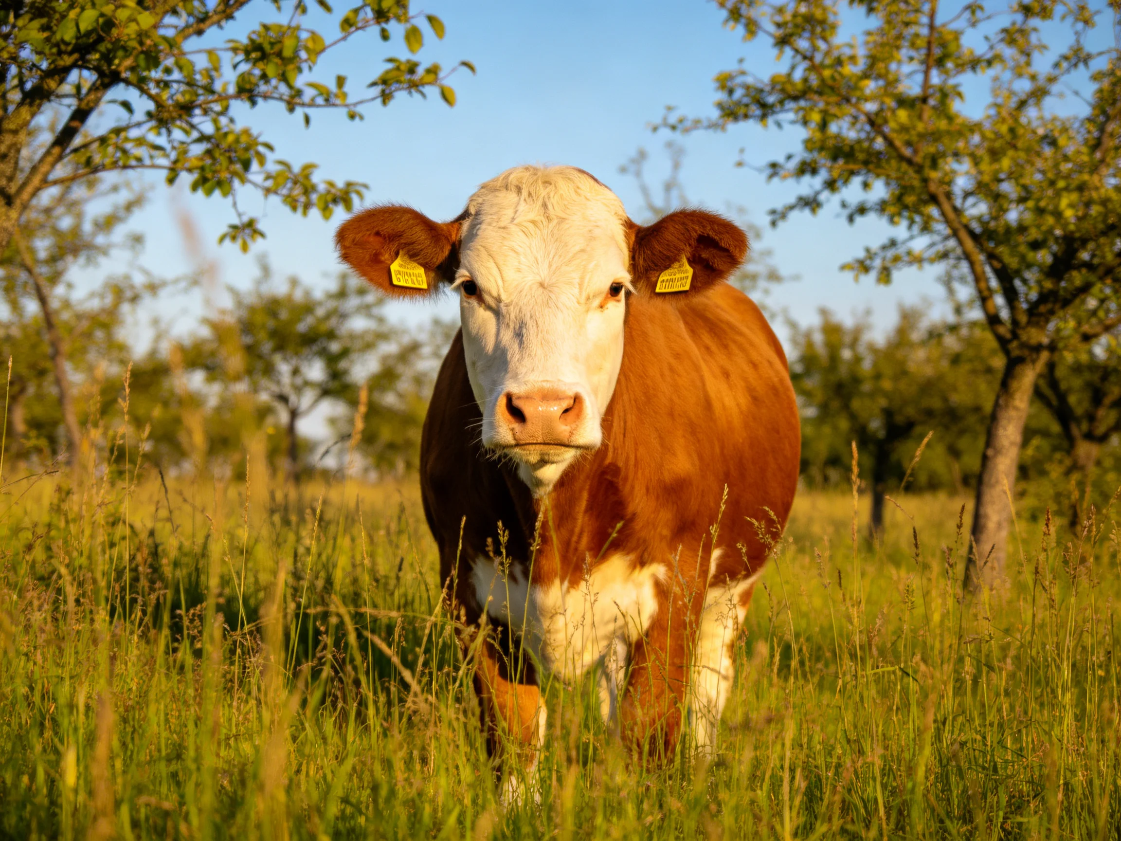 A brown and white cow in a sunlit grassy field near trees