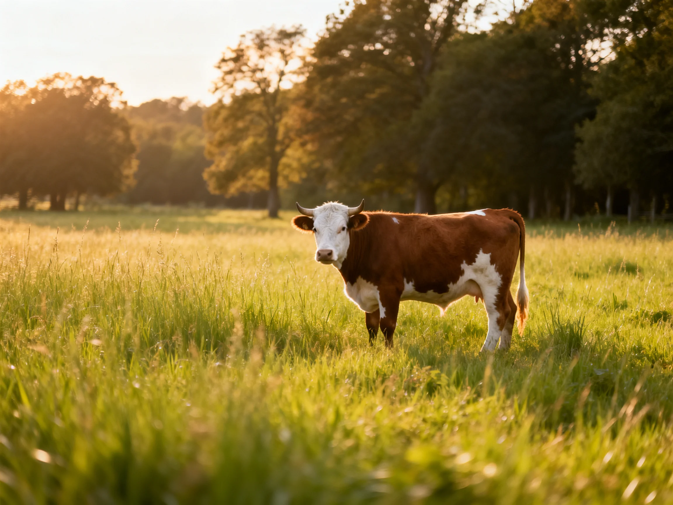 A brown and white cow in a sunlit grassy field near trees