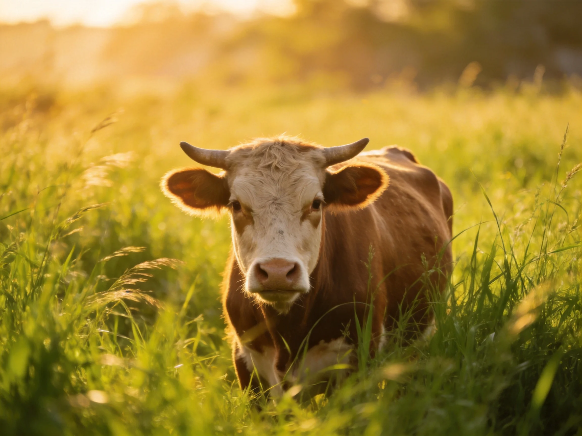 A brown and white cow in a sunlit grassy field