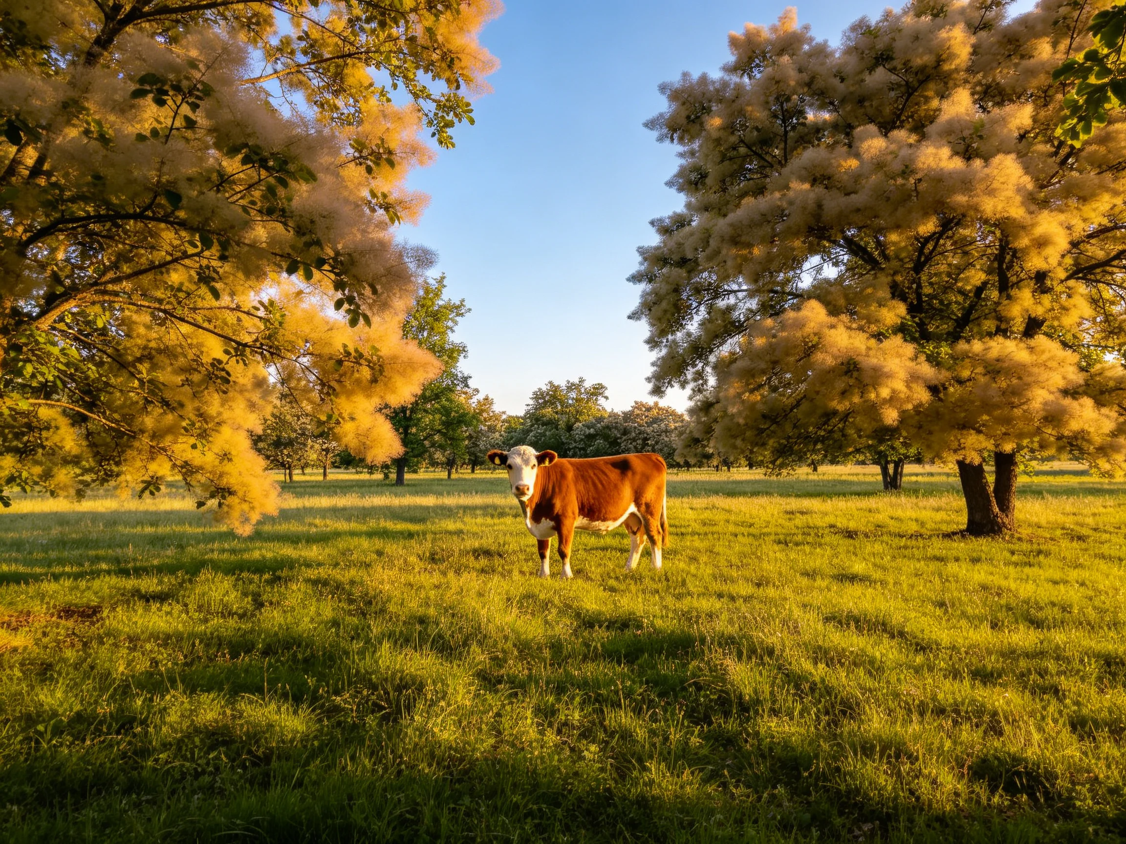 A brown and white cow in a sunlit grassy field with golden trees