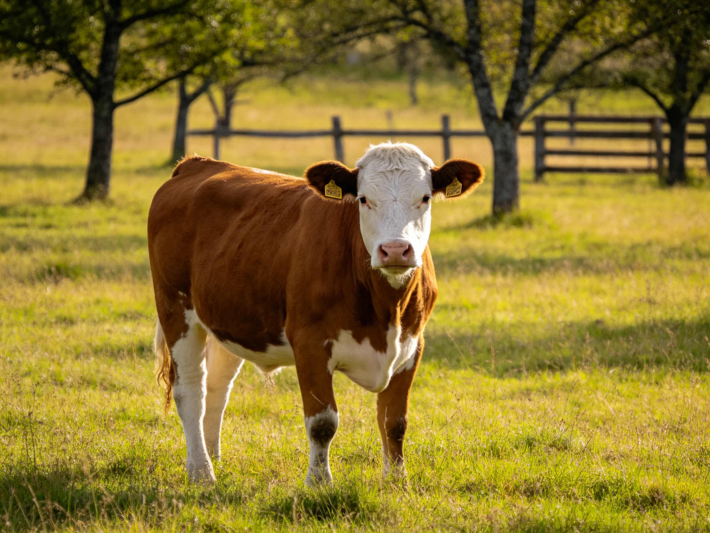A brown and white cow in a sunlit grassy field with trees