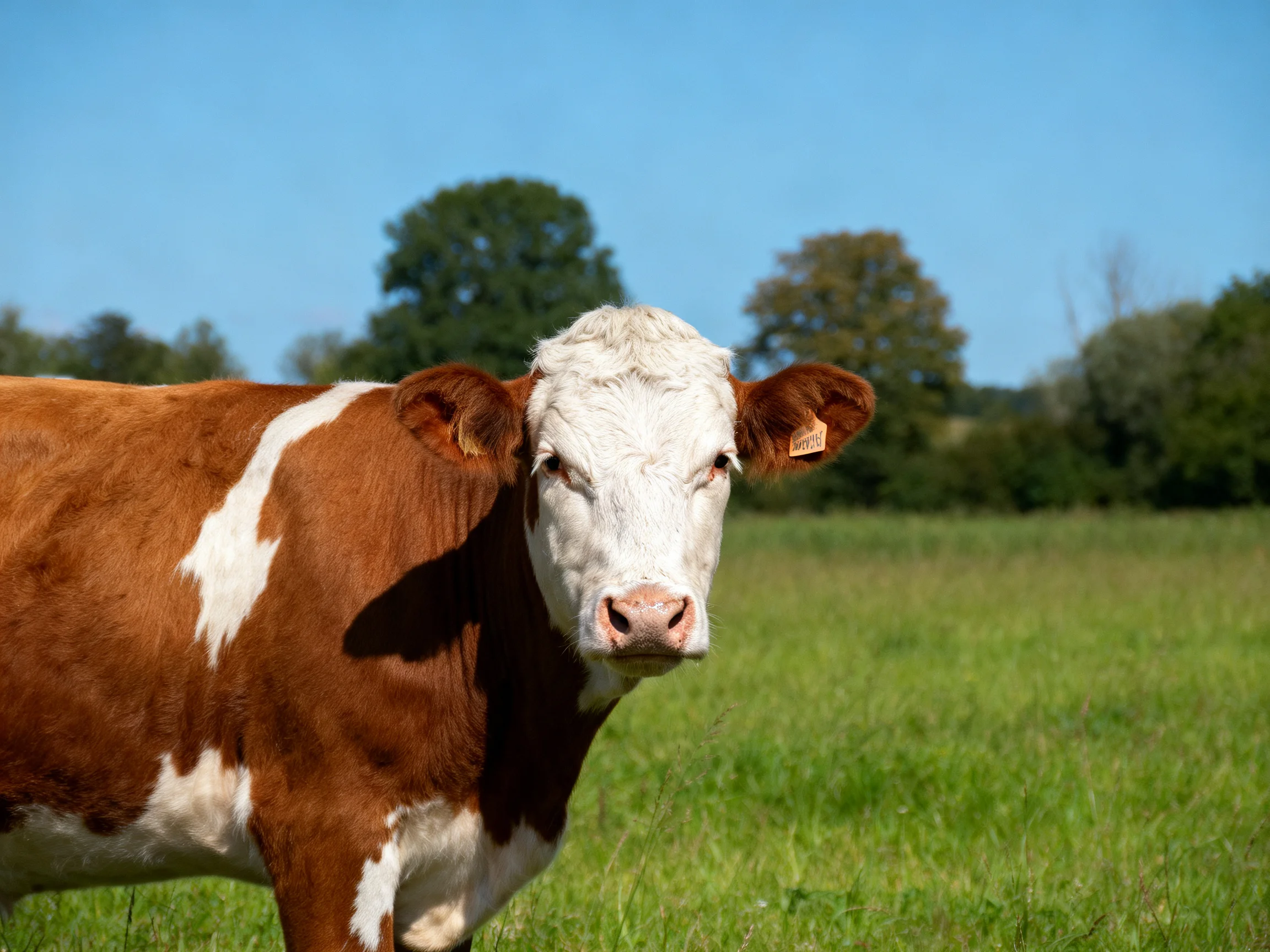 A brown and white cow in a sunlit grassy field with trees