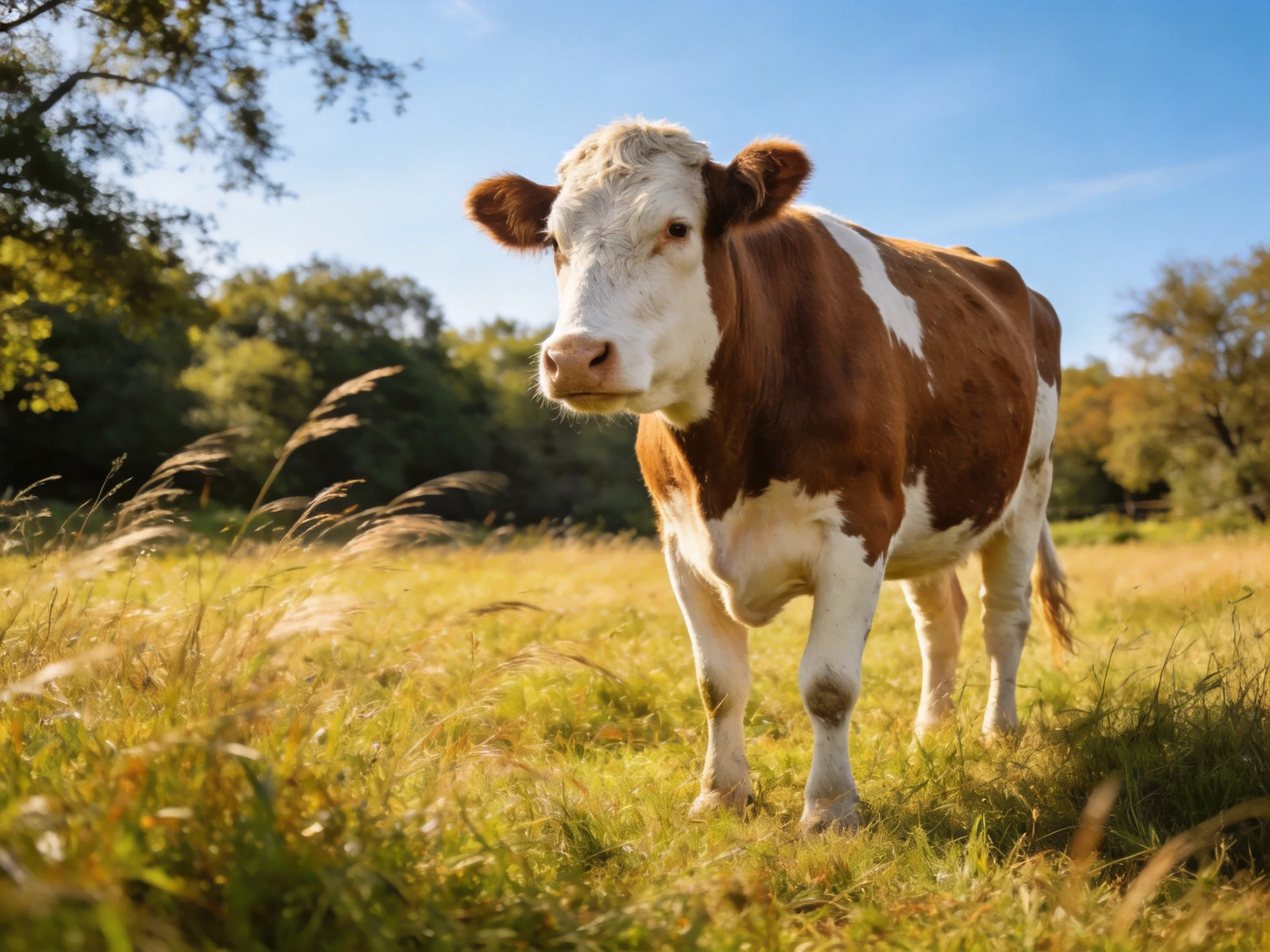 A brown and white cow in a sunlit grassy meadow