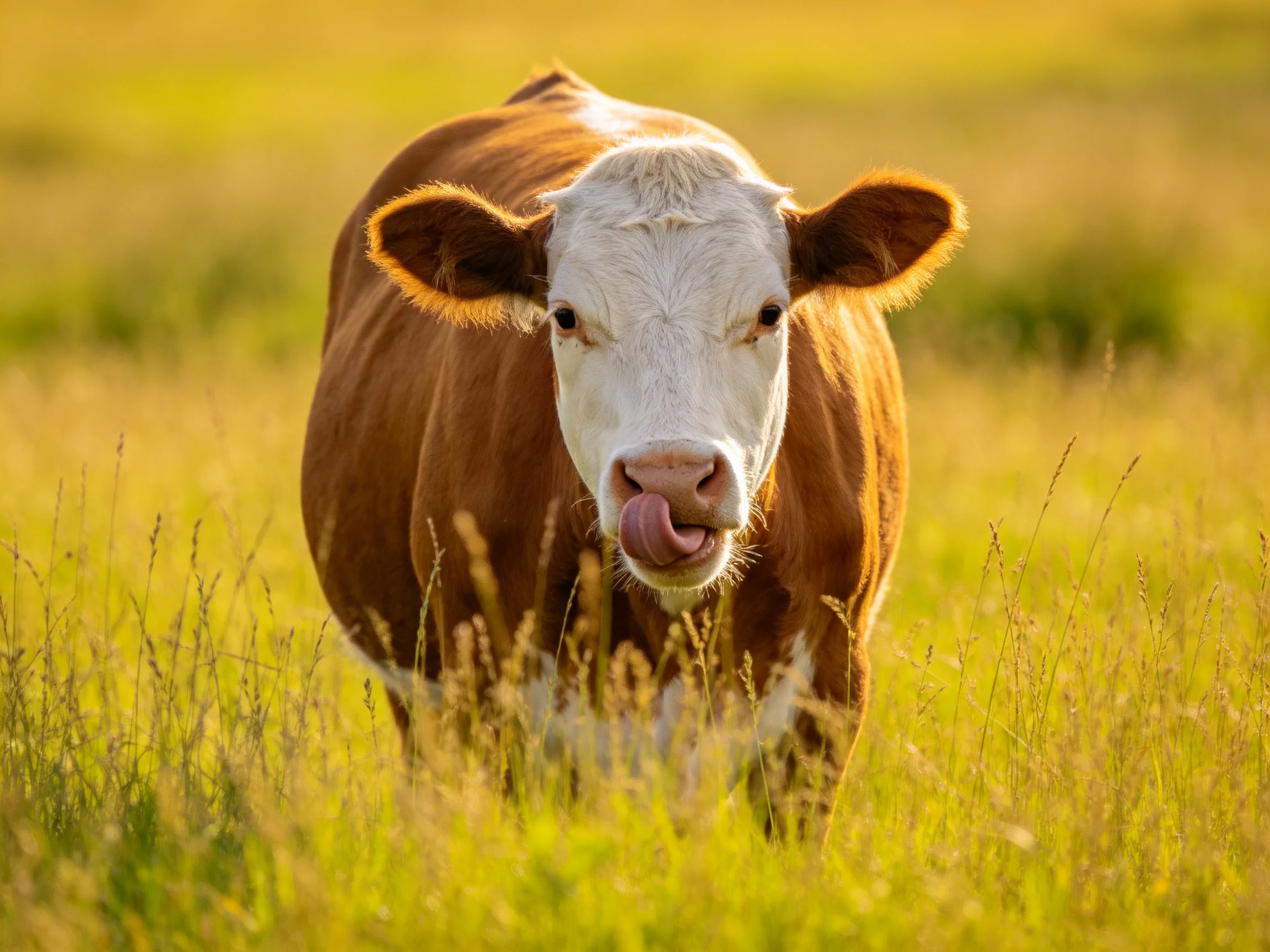 A brown and white cow in a sunlit grassy meadow