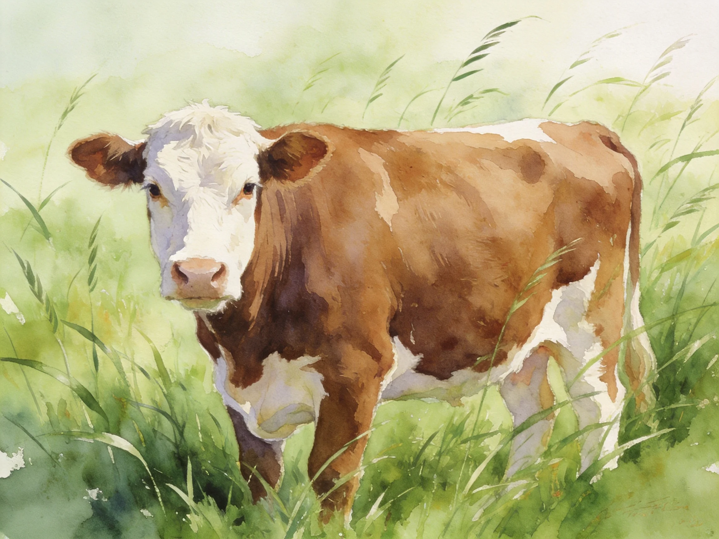 A brown and white cow in a sunlit grassy meadow