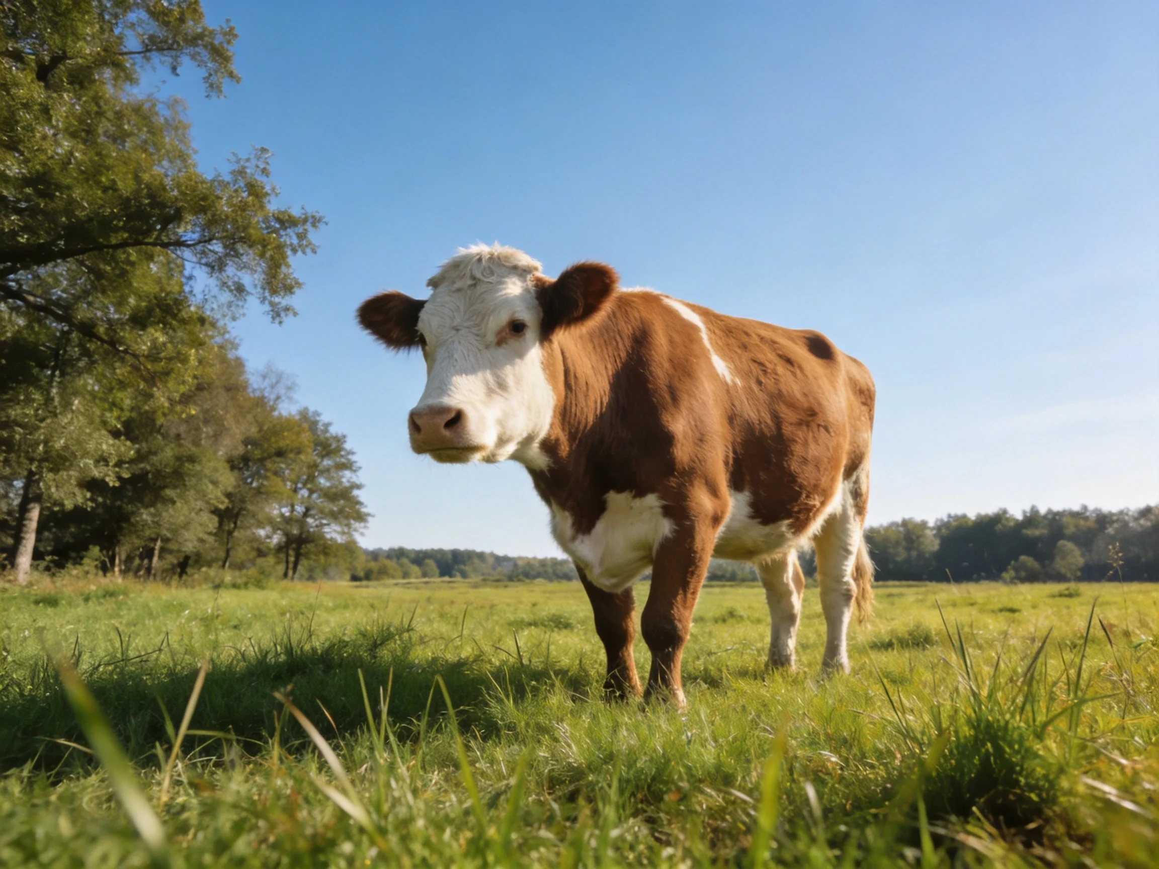 A brown and white cow stands in a sunlit meadow near trees.