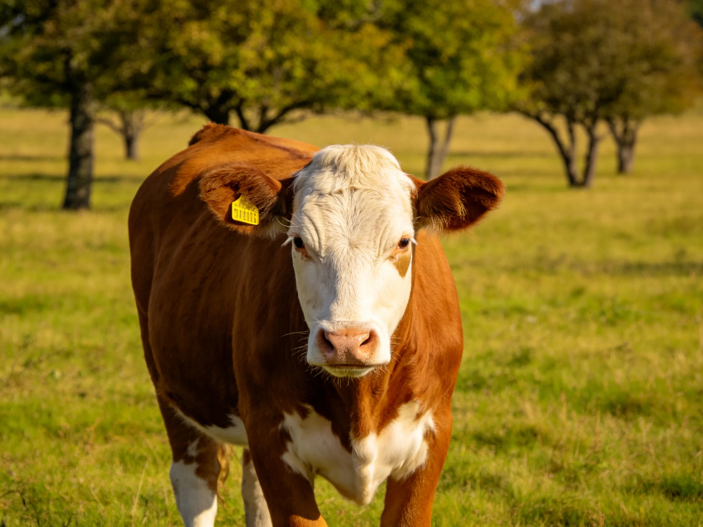 A brown and white cow in a sunlit grassy pasture with trees