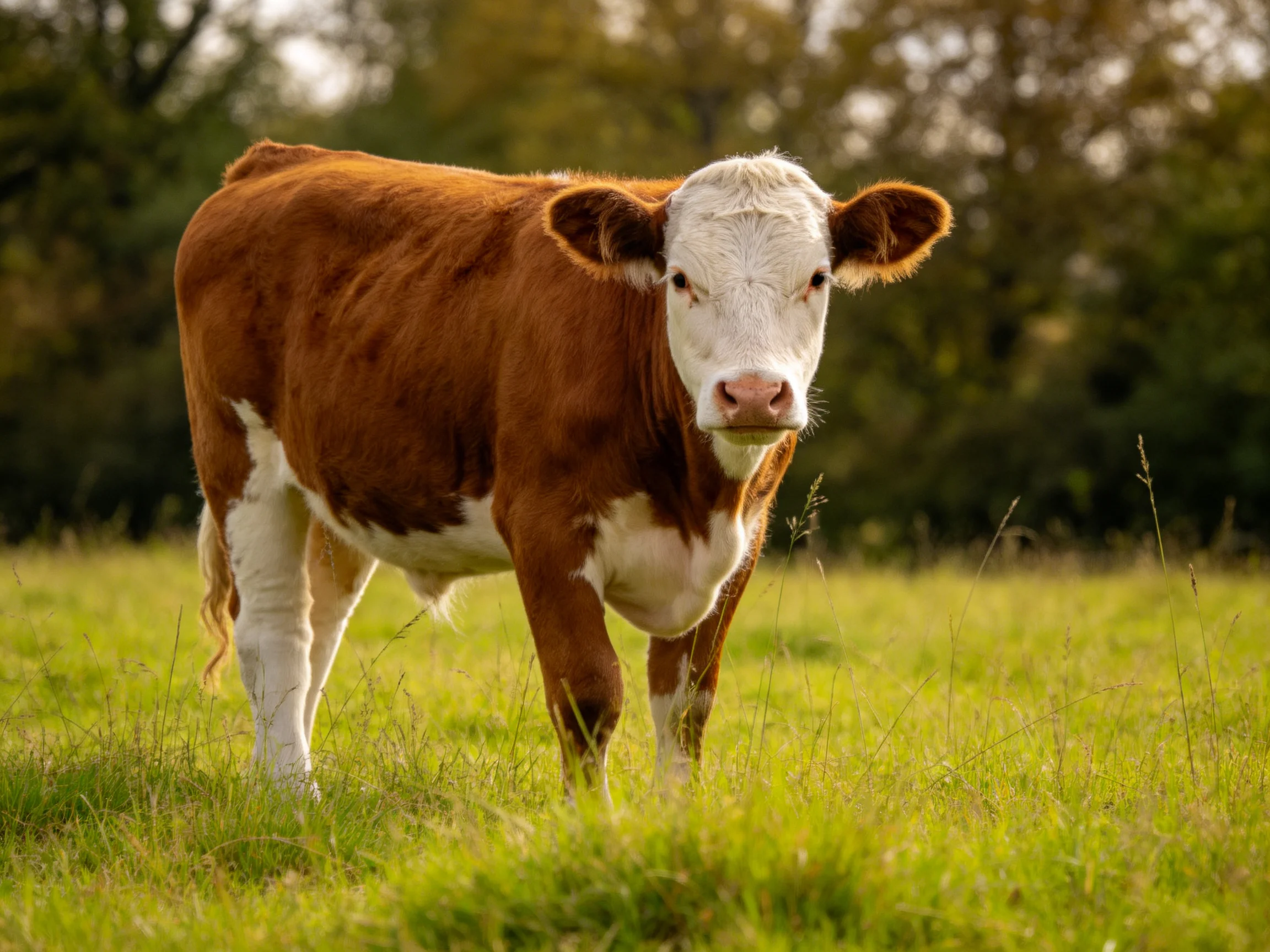 A brown and white cow stands in a sunlit meadow.