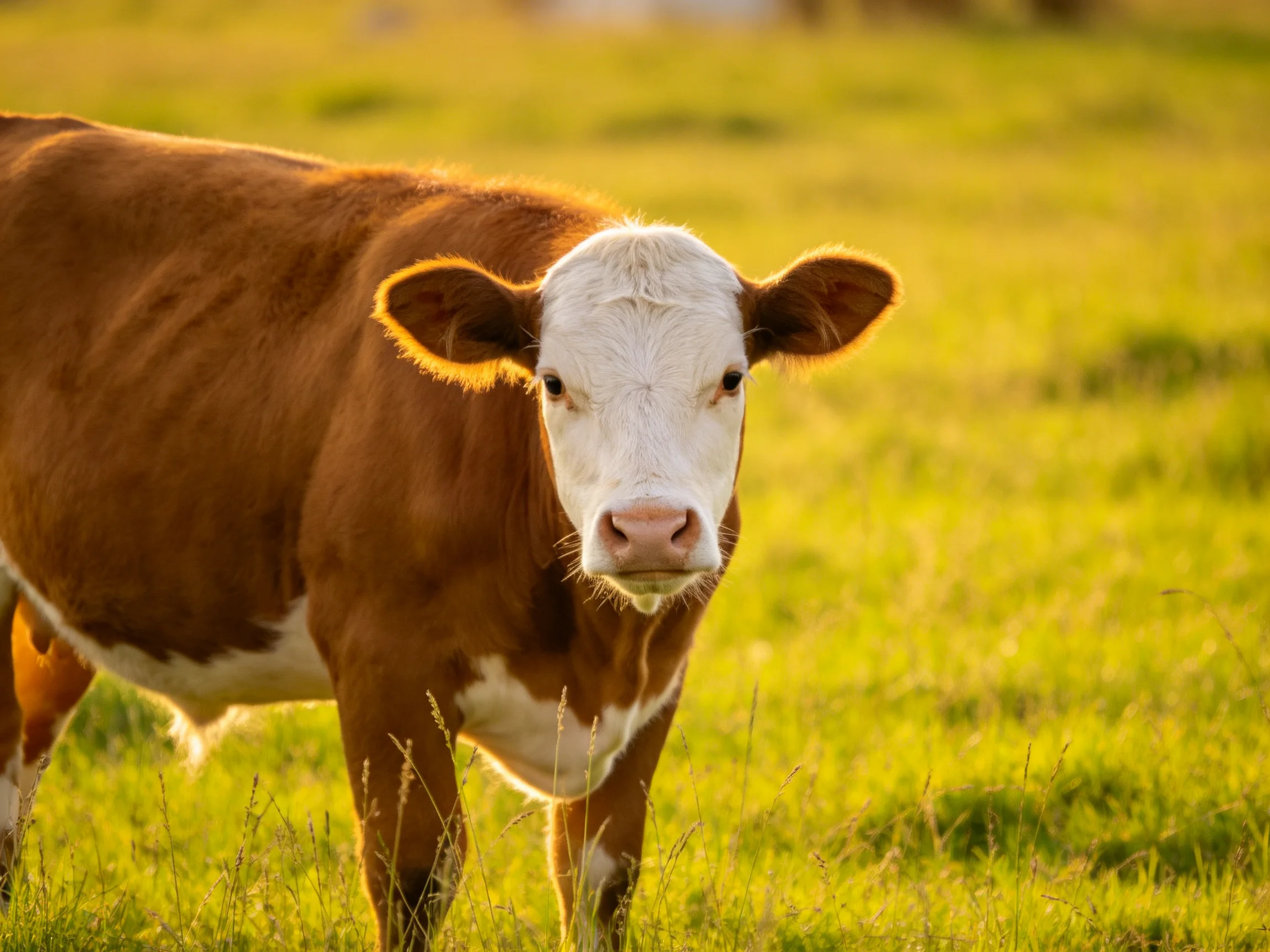 A brown and white cow in a sunlit green pasture