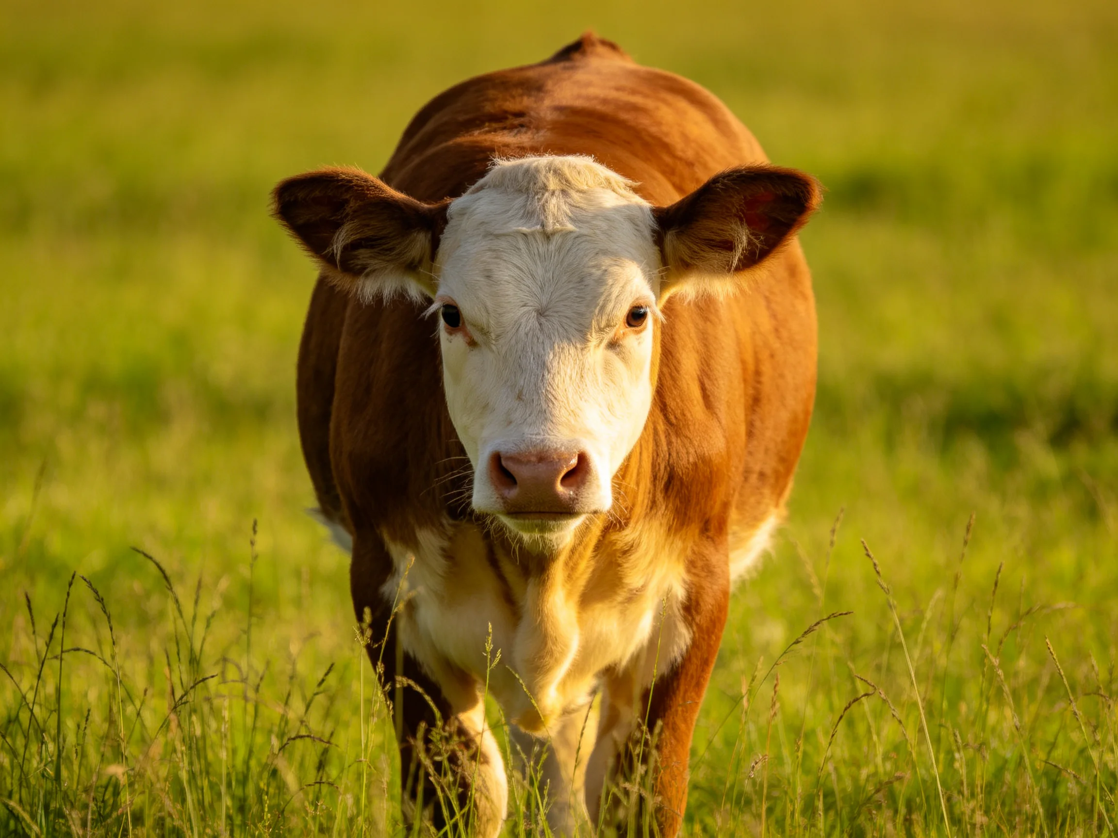 A brown and white cow stands in a sunlit green pasture.