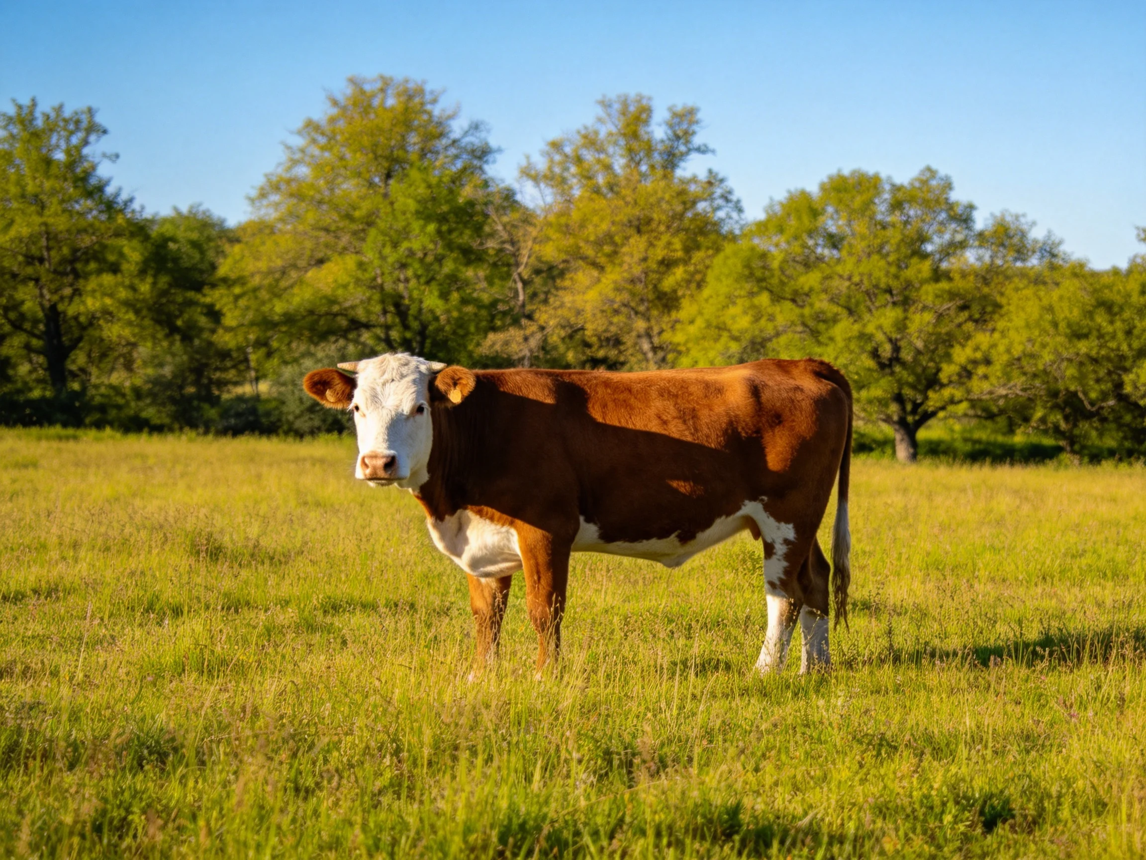 A brown and white cow in a sunlit green pasture
