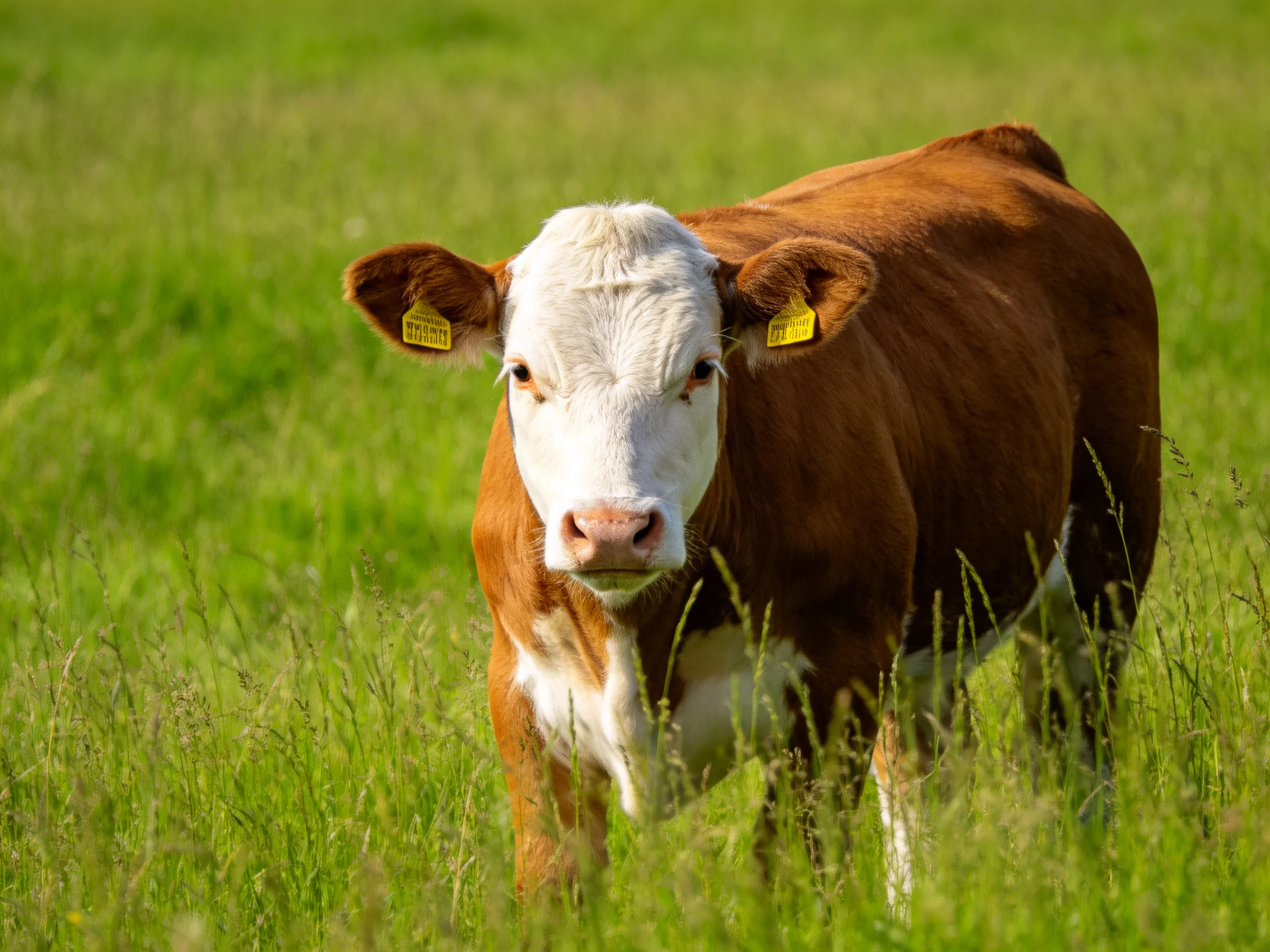 A brown and white cow stands in a sunlit grassy field.