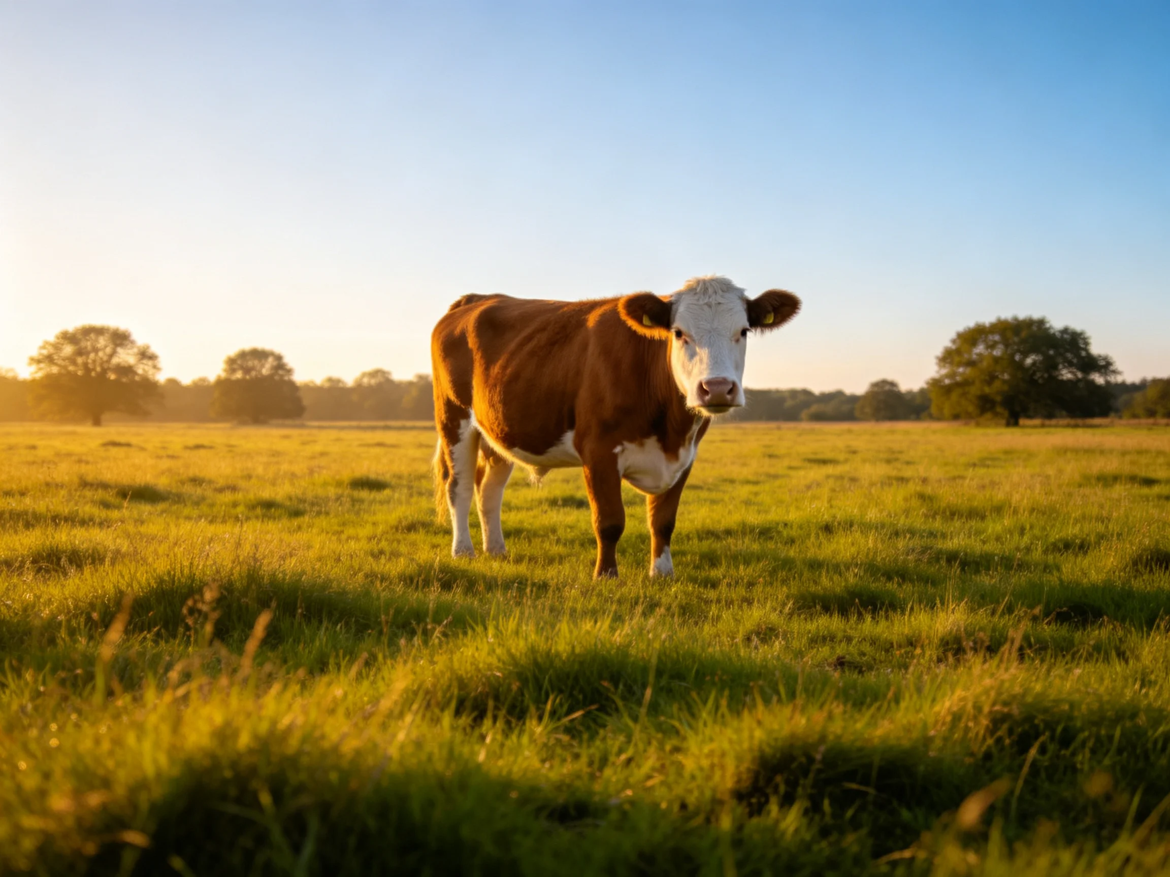 A brown and white cow stands in an open sunlit field.