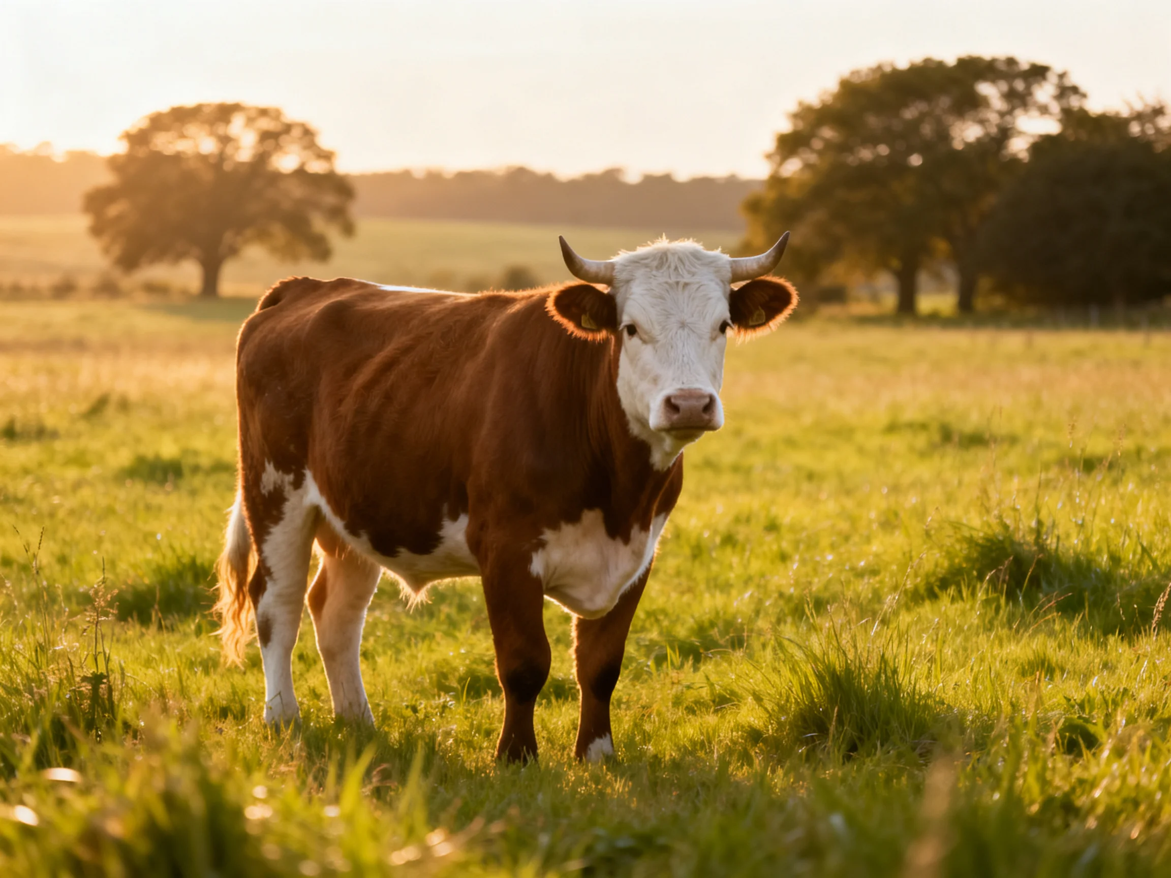 A brown and white cow in a sunlit green pasture