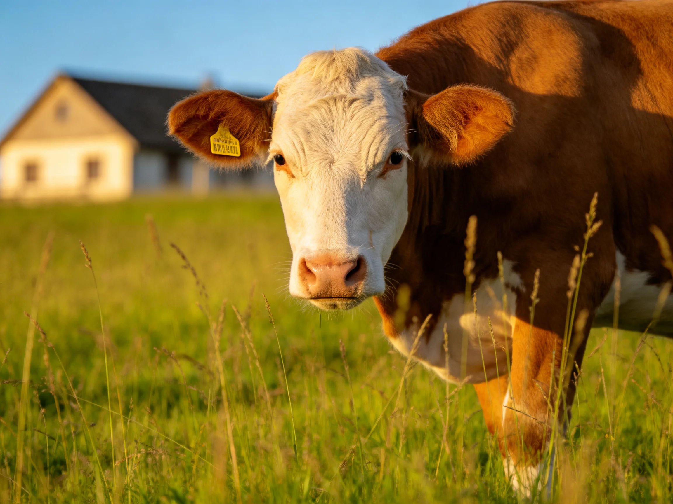 A brown and white cow in a sunlit green pasture near a farmhouse