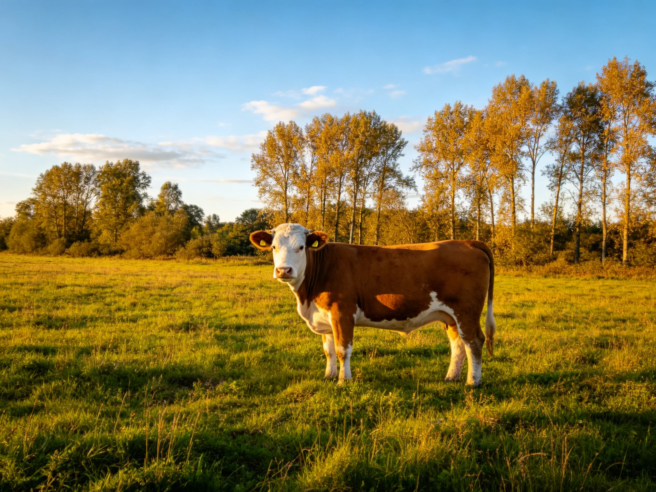 A brown-and-white cow stands in a sunlit green pasture with golden trees in it.