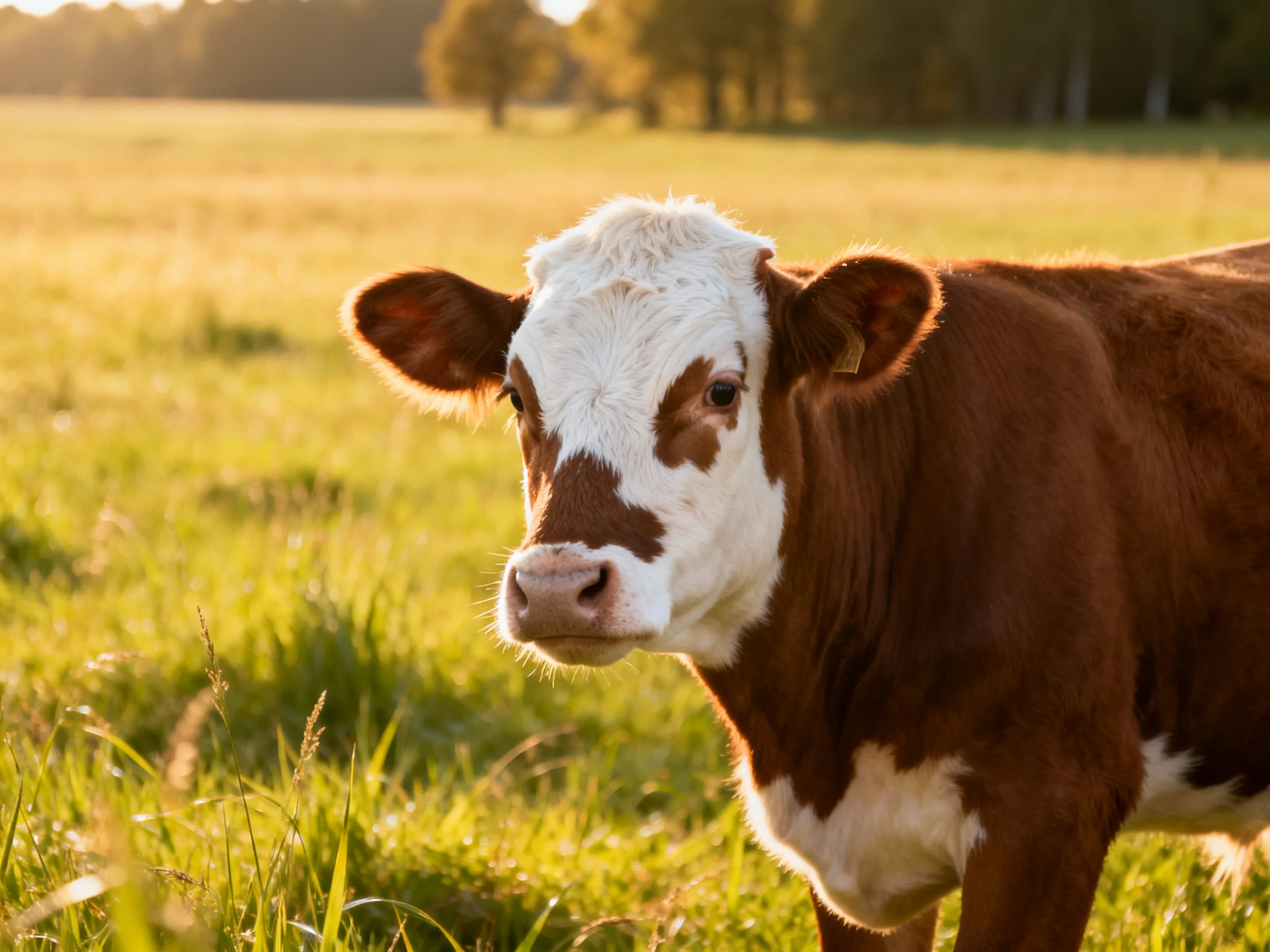 A brown and white cow in a sunlit green pasture near trees