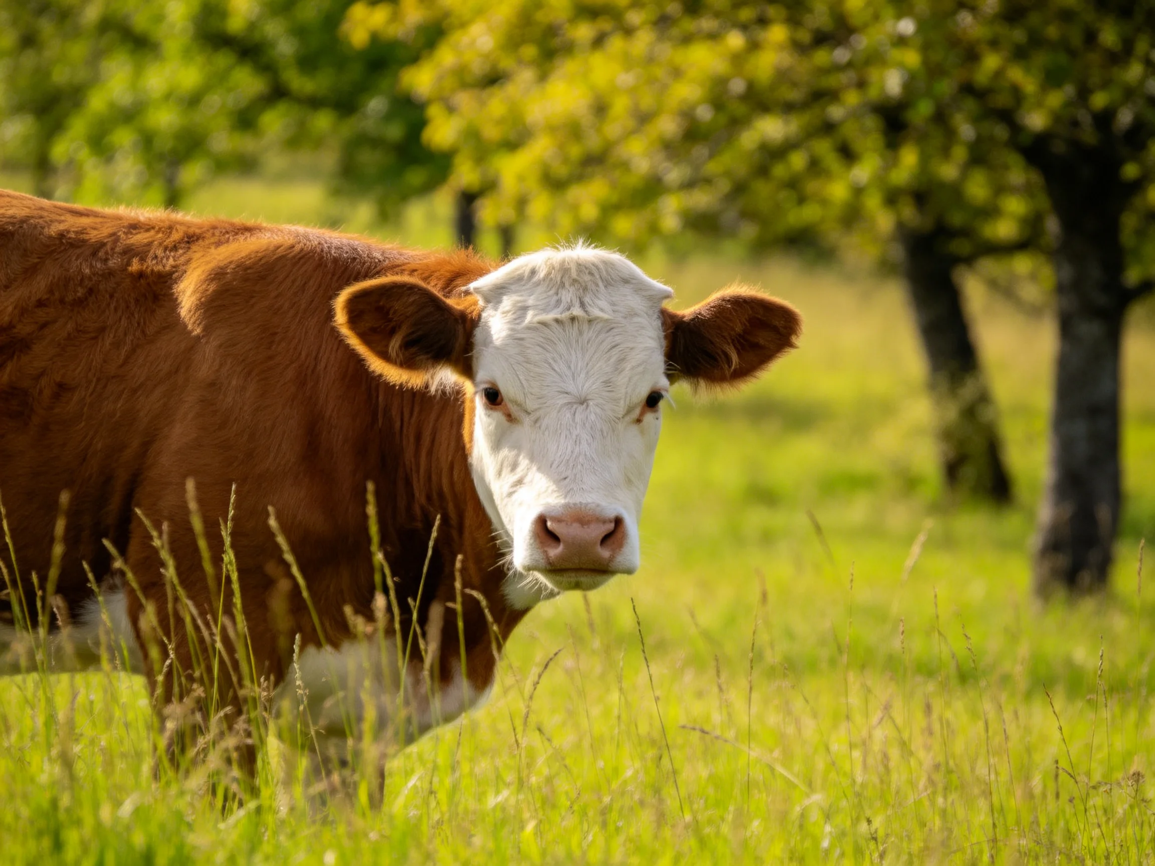A brown-and-white cow in a sunlit green pasture near trees