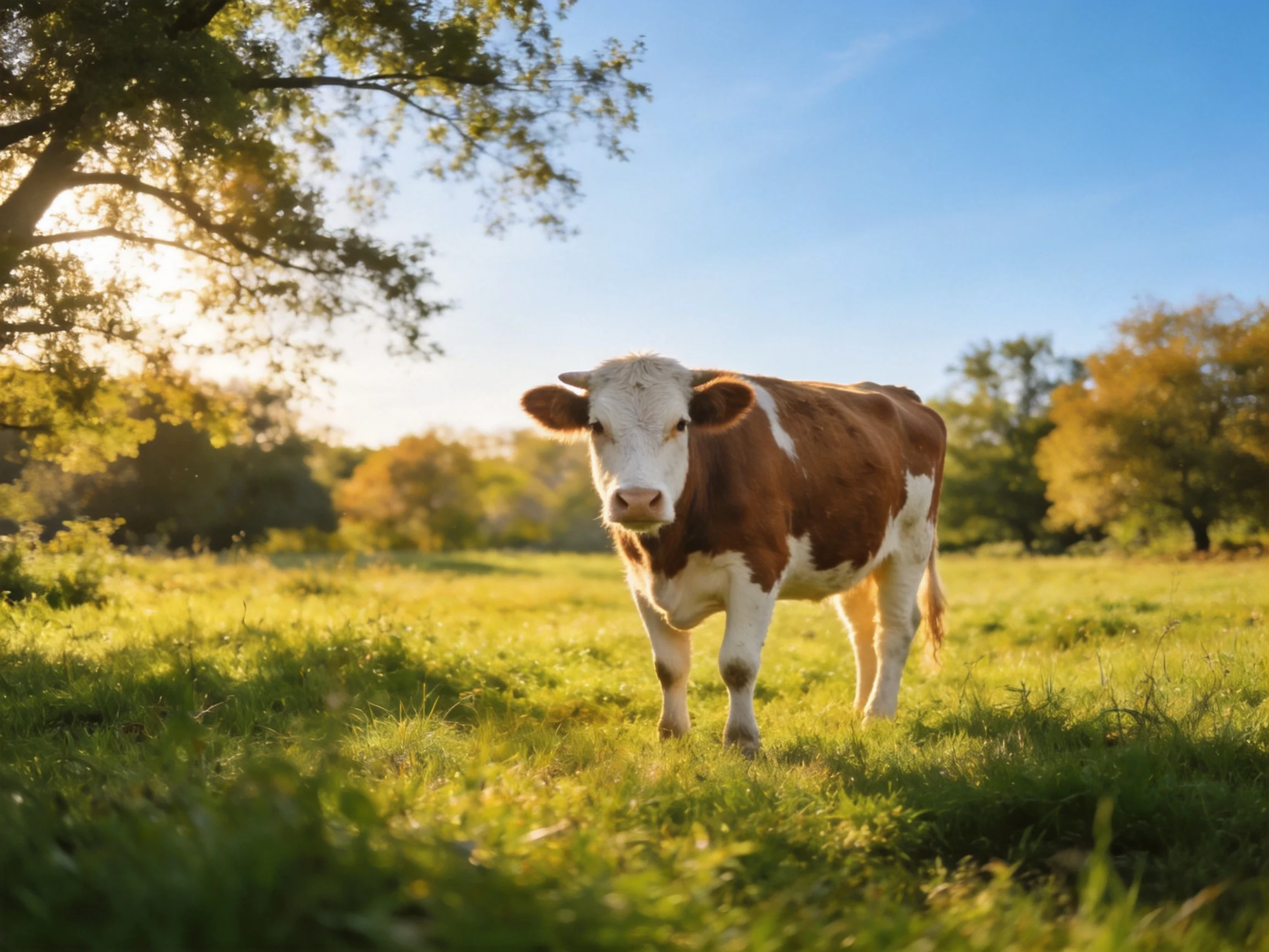 A brown and white cow in a sunlit green pasture near trees