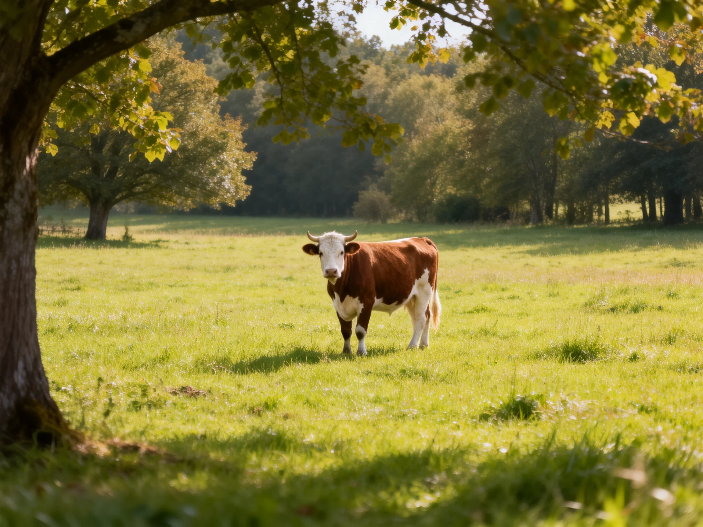 A brown and white cow in a sunlit green pasture near trees