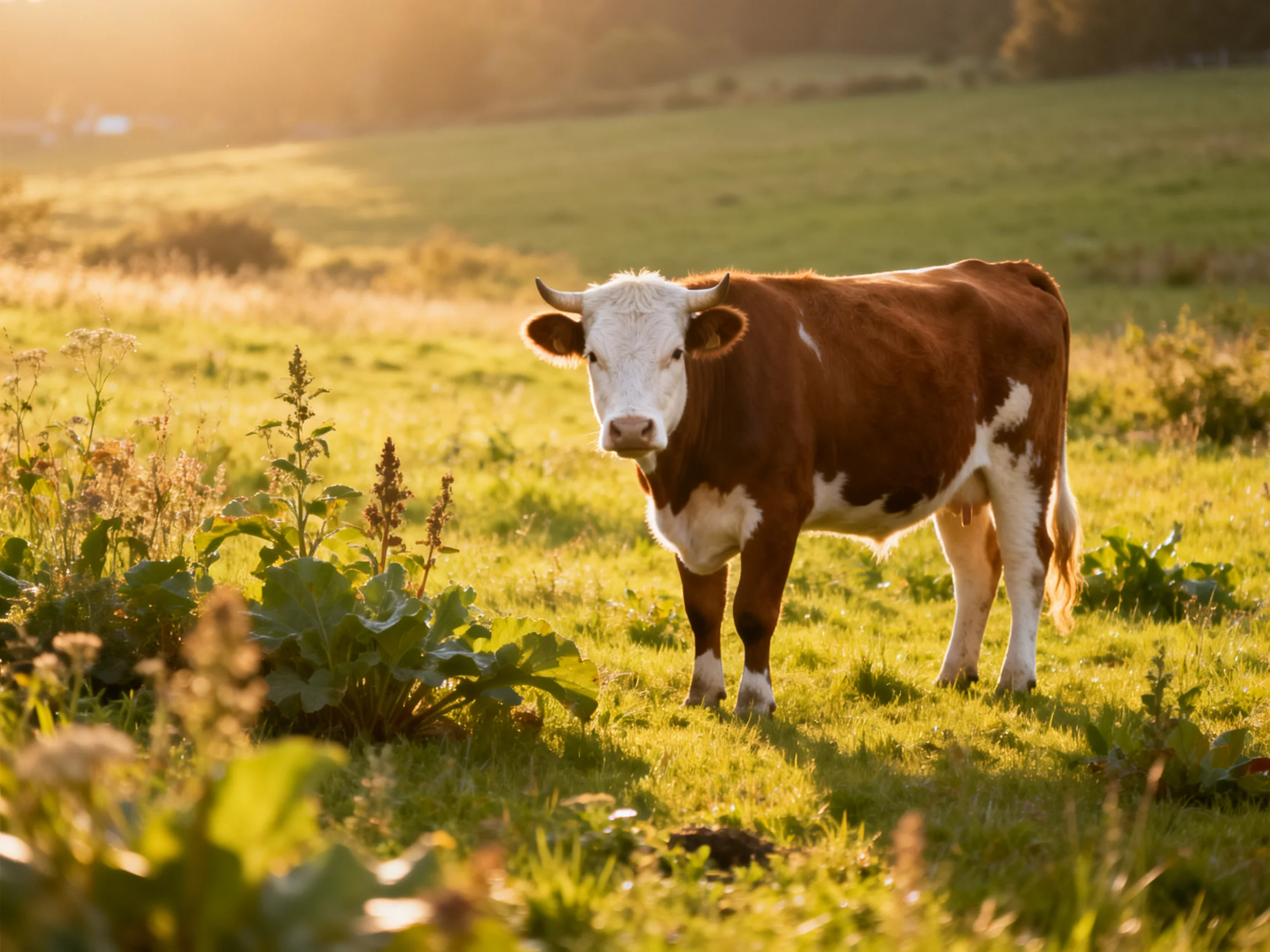 A brown and white cow stands in a sunlit green pasture.