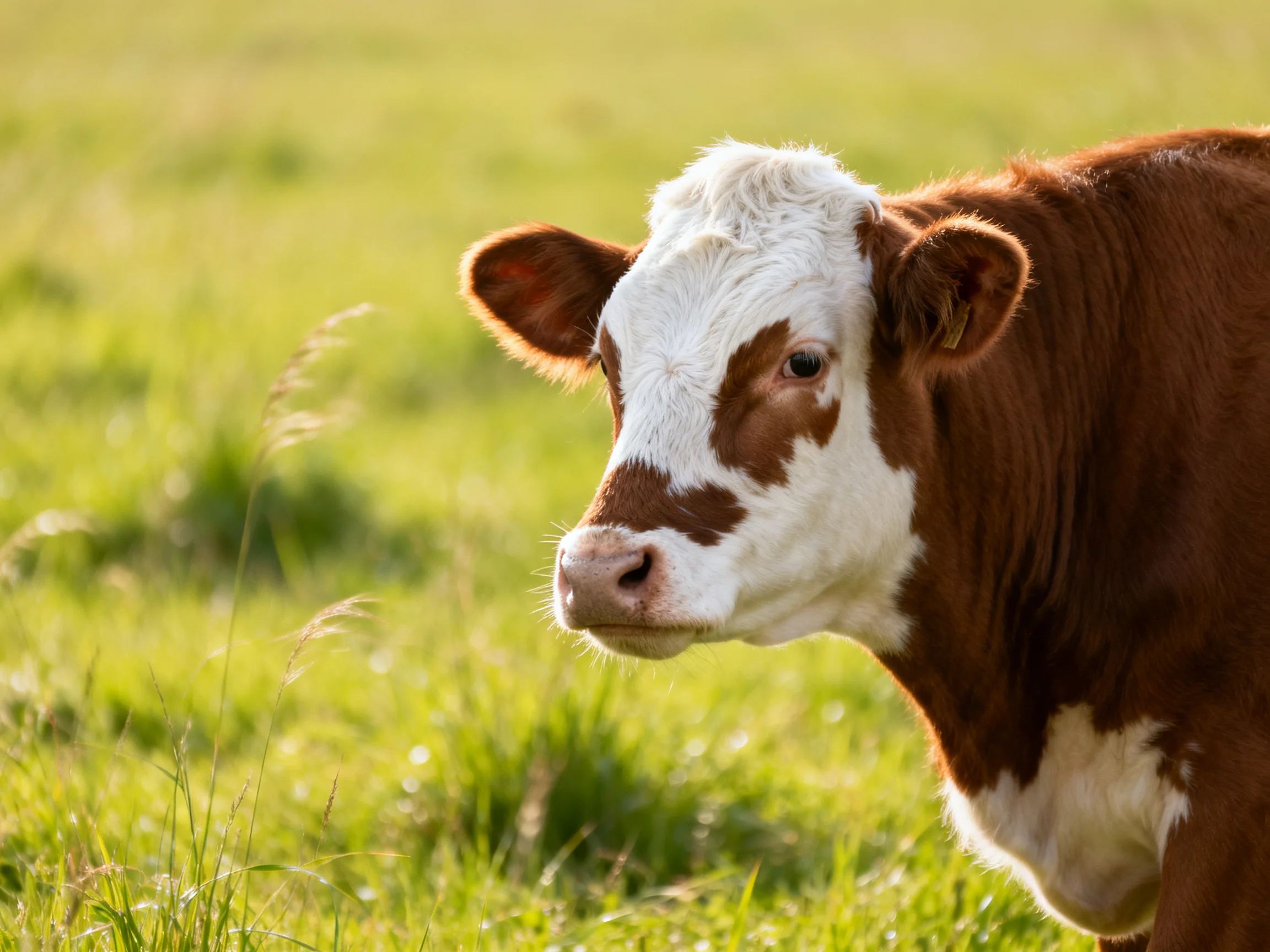 A brown and white cow stands in a sunlit green pasture.