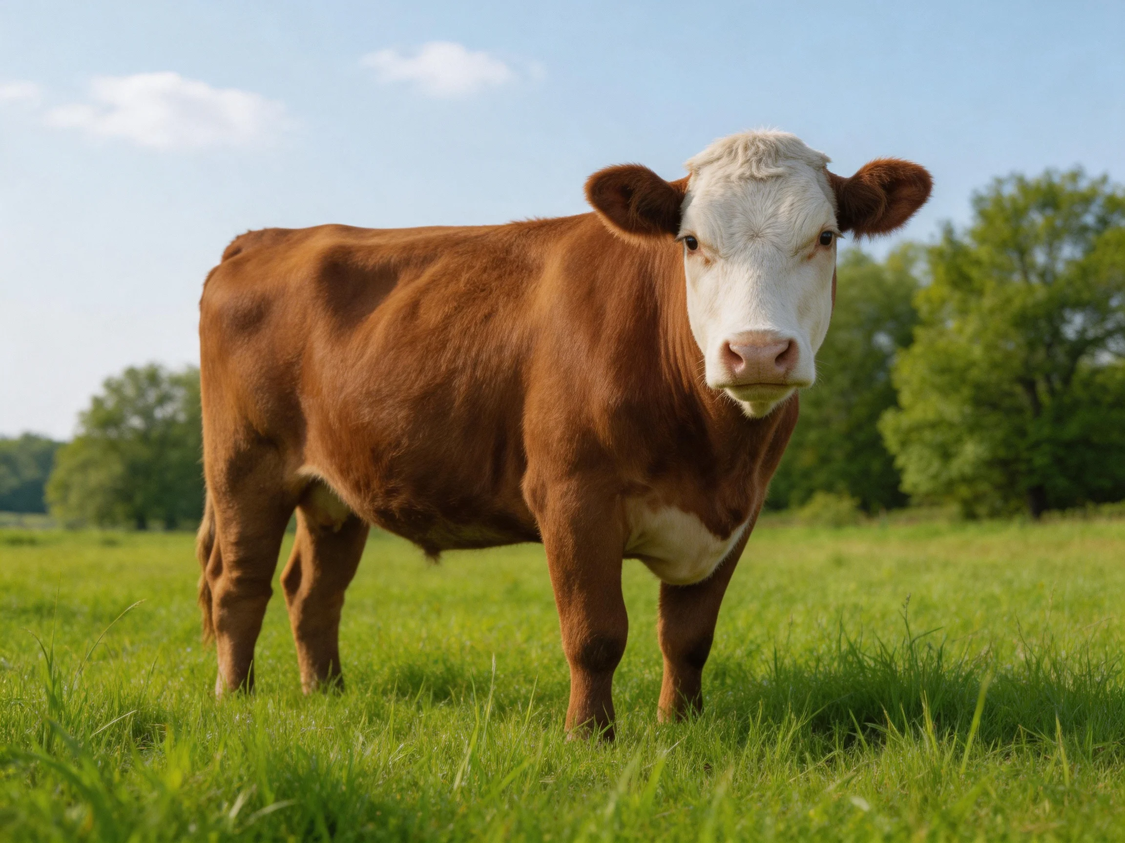 A brown and white cow in a sunlit green pasture